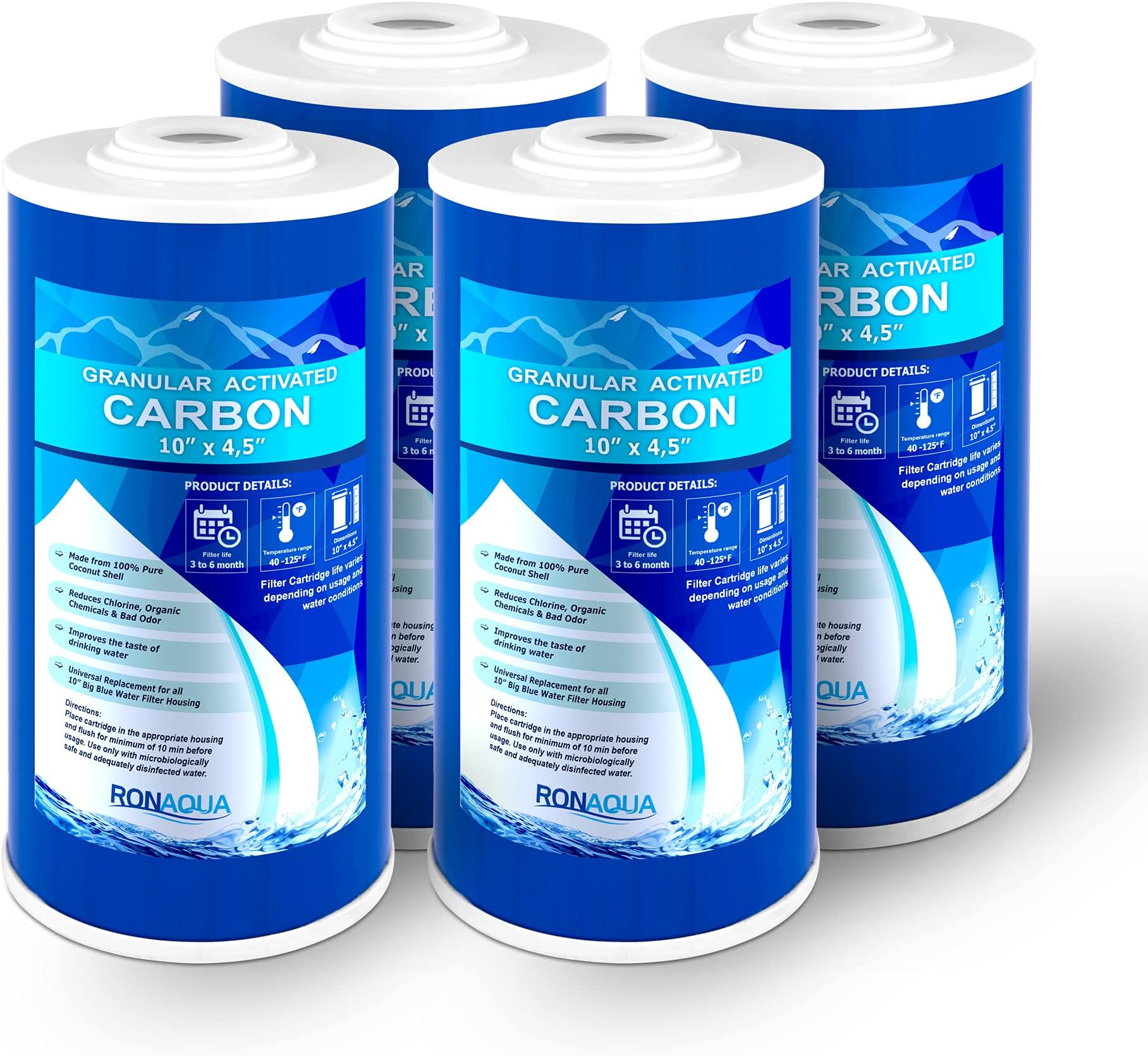 Ronaqua 10" x 4.5" Big Granular Activated Carbon Filter Cartridge Well-Matched with CBC Series, WFHDC8001, EP and EPM Series (Pack of 4)
