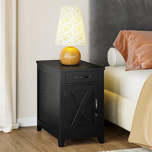 Miniatura 9 de IRONCK End Table with Charging Station, Narrow Side Table for Living Room, Farmhouse Night Stand for Bedroom, Bedside Table with Storage and Drawer