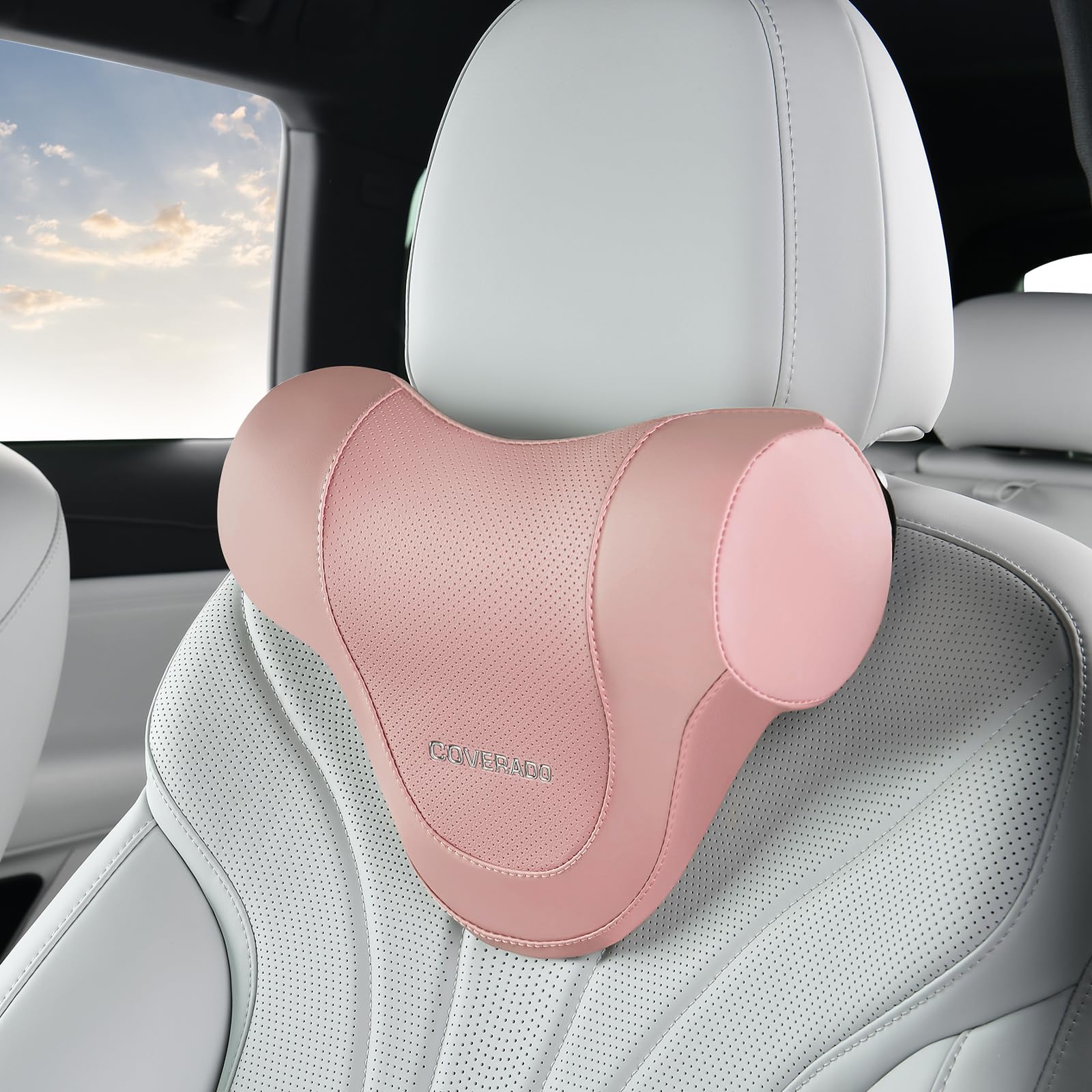 Coverado Car Headrest Pillow, Ergonomic Memory Foam Car Neck Pillow for Driving Seat with Adjustable Strap, Soft PU Leather Breathable Removable Cover Neck Support for Neck Pain Relief