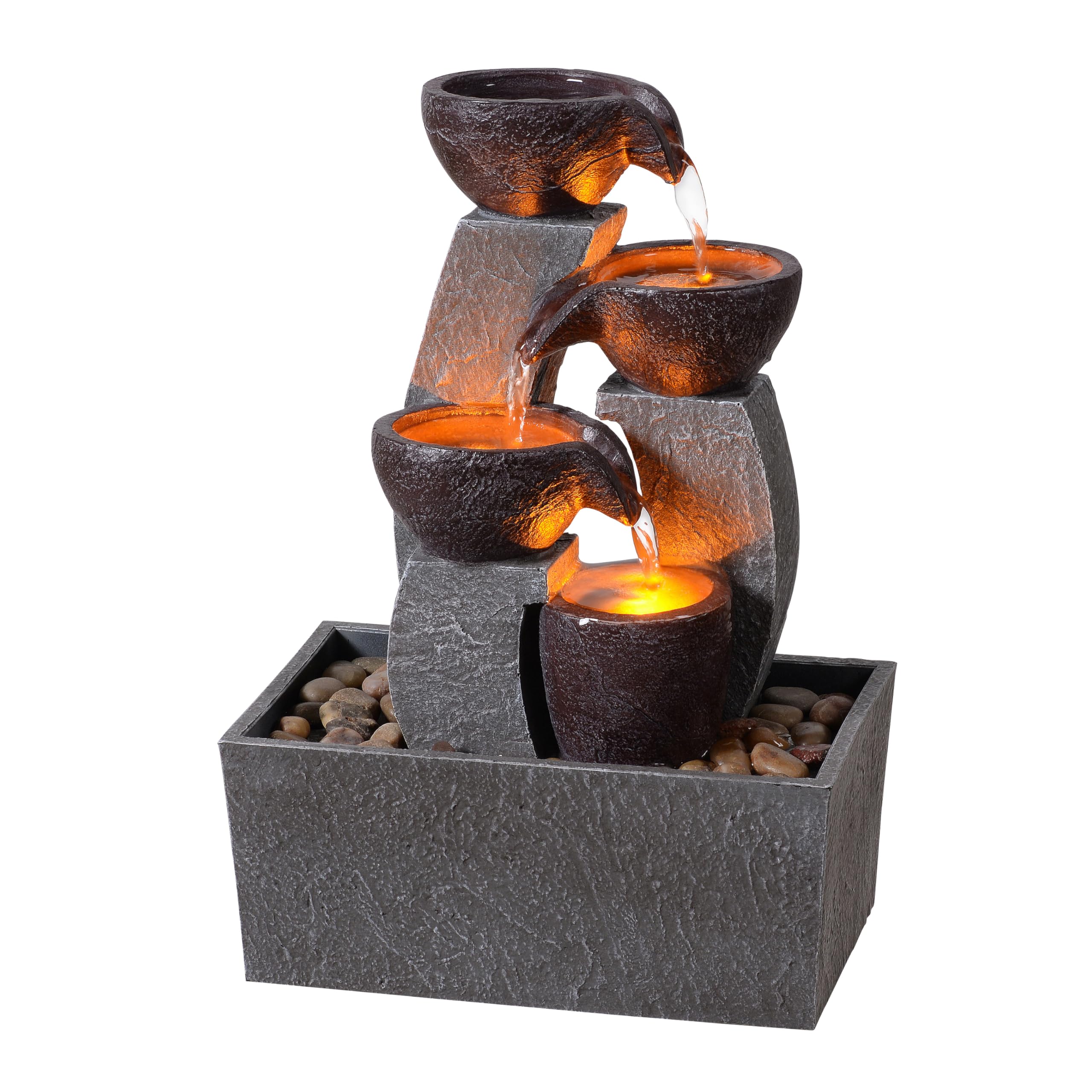 GOSSI Tabletop Water Fountain with LED Lights, Indoor Waterfall Fountain with Cascading Bowls and Pebbles, Small Desk Fountain for Home Office Decor