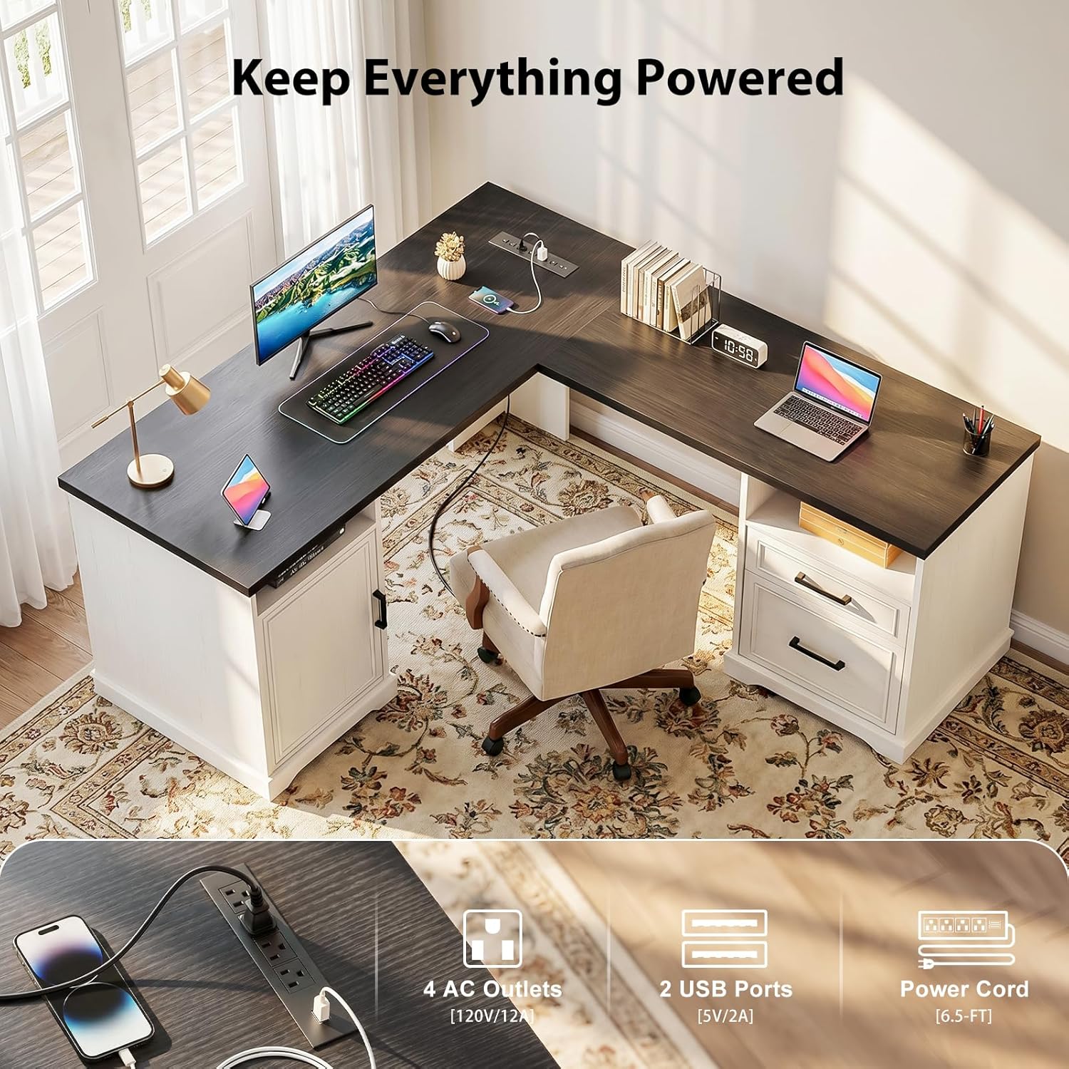 Foxemart L Shaped Desk with Power Outlets and USB Ports, 59" Corner Computer Desk with Storage Drawers & Cabinet, Heavy Duty Workstation for Home Office & Gaming, White & Black