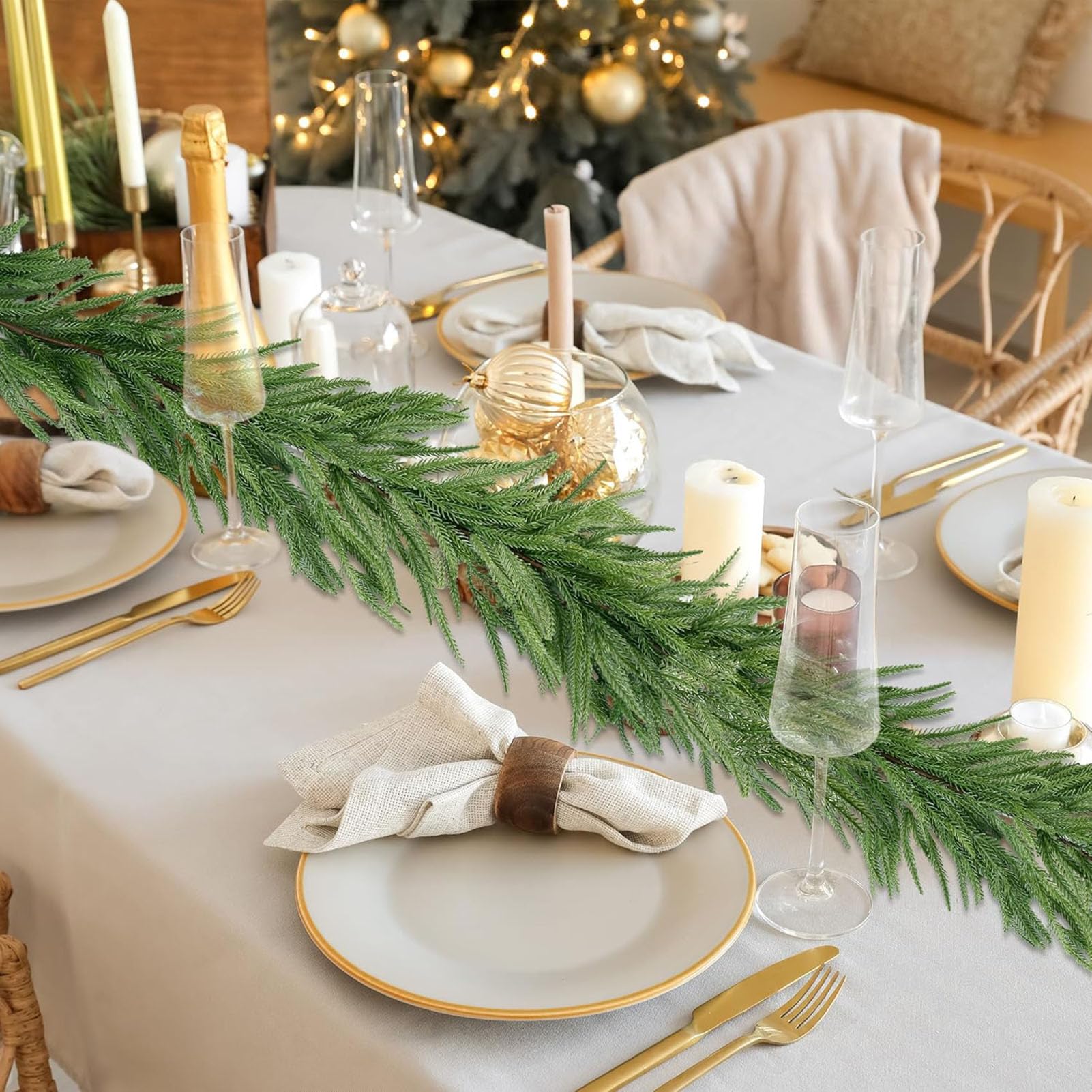 2pcs Guirlandes Noel 1.8m Guirlande de Norfolk Artificiel Guirlande Sapin Vert Artificiel Decoration Noël pour Intérieur Cheminée Escalier Extérieur Décorations de Noel