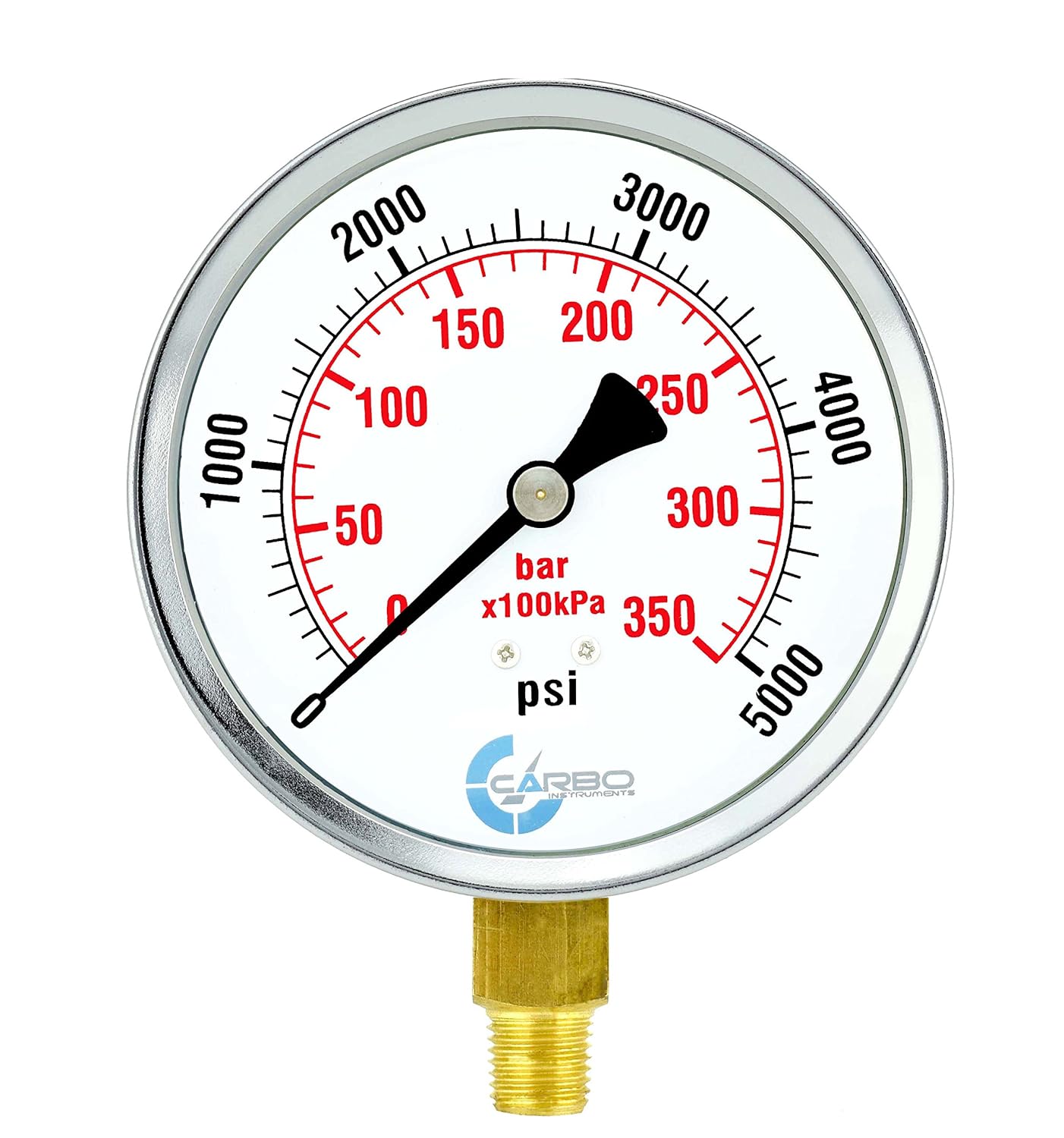 4 Pressure Gauge, Chrome Plated Steel Case, Dry, 0-5000 psi/kPa, Lower Mount 1/4 NPT