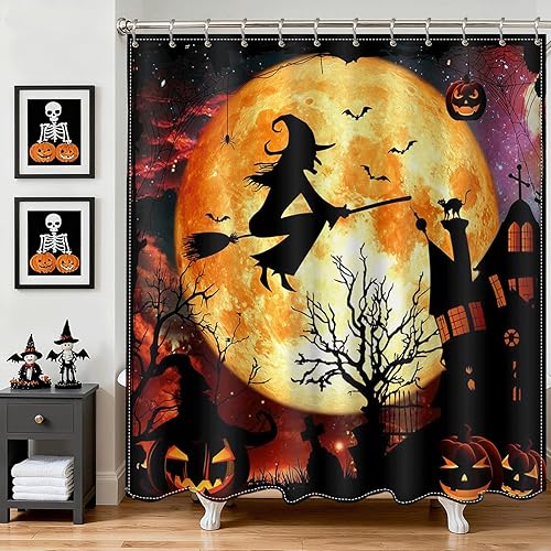 Cortina de ducha de Halloween, bruja voladora, castillo de Halloween, cortina de baño, cortina de baño de terror naranja noche y luna, juego de