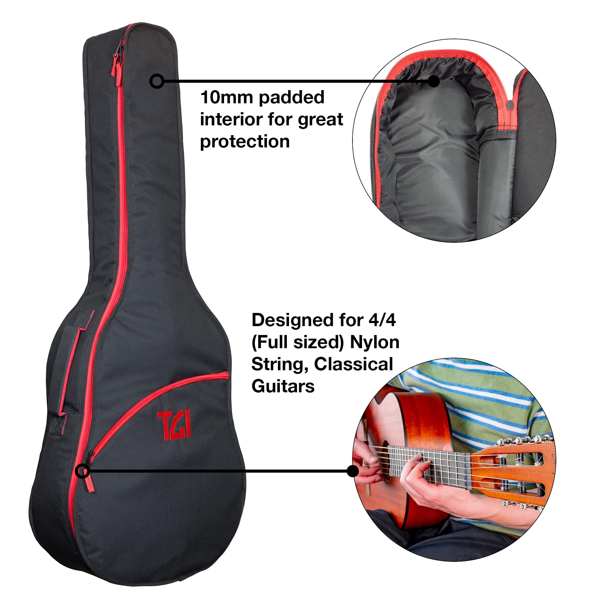 TGI Funda para guitarra clásica 4/4. Ideal para transporte a la escuela, conciertos más pequeños, uso regular. Acolchado interno de 10 mm para mayor protección. Correas traseras extraíbles, bolsillo
