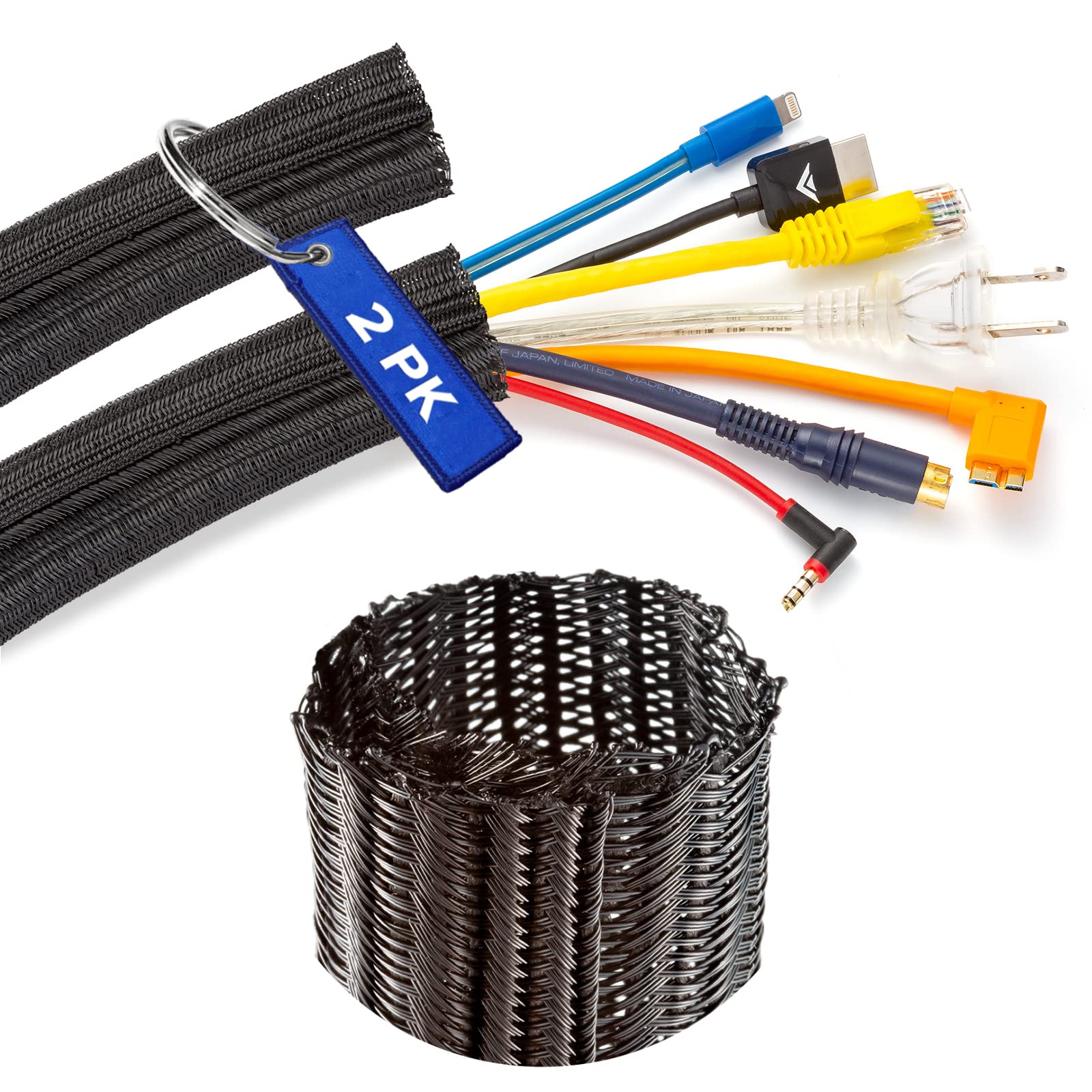 Cable Management Wire Loom 3ft -1 inch, Cable Sleeve Split Tubing, Cord Covers for Wires on Floor, Cord Protectors from Pets Chewing Cables, Black (2