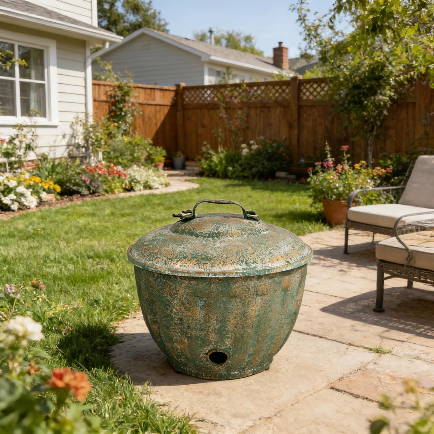 Vintage Green Metal Garden Hose Holder Storage Pot with Lid Handle Rustic Distressed Handmade Decorative Water Hose Container Pot with Drainage for Outside or Indoor Use