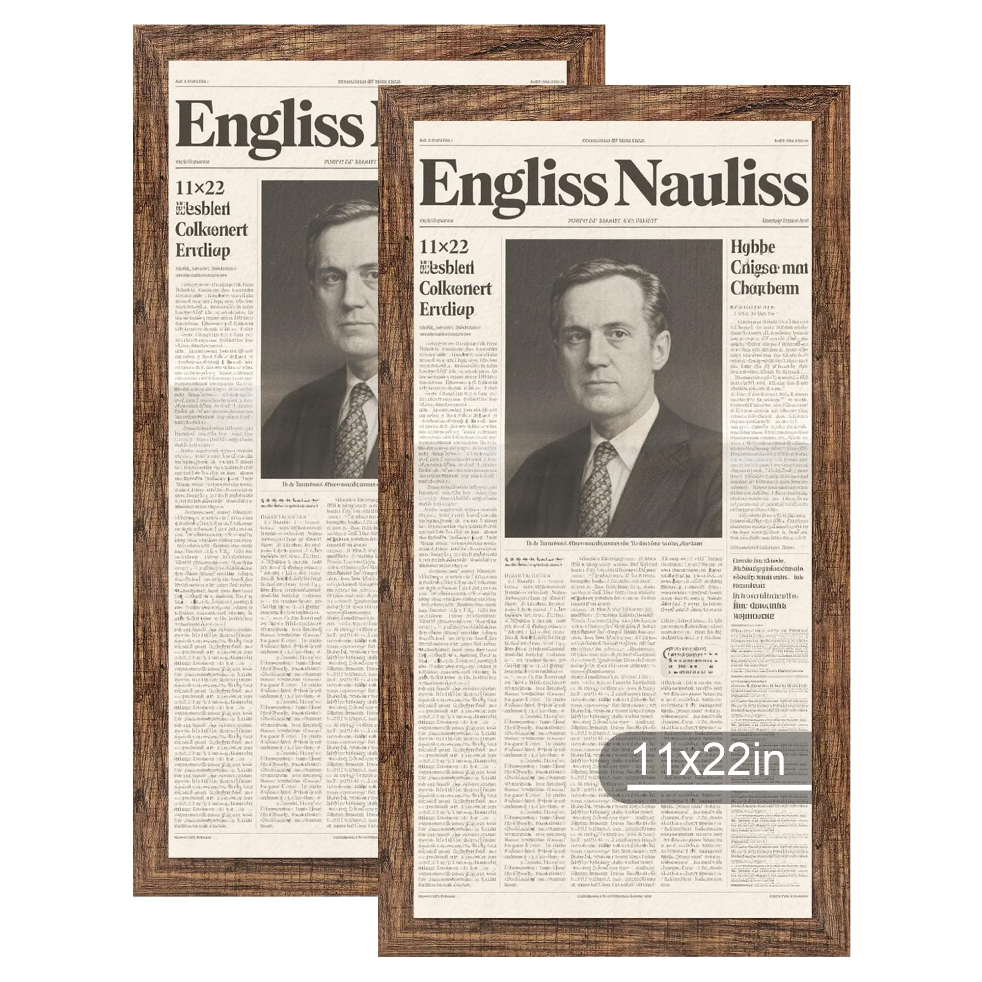 Hongkee 11x22 Newspaper Frame 2 Packs, Real Glass and Rustic Brown Wood Frame, Display Panoramic 11 x 22 Magazine Frames - Horizontal or Vertical Wall Mounting
