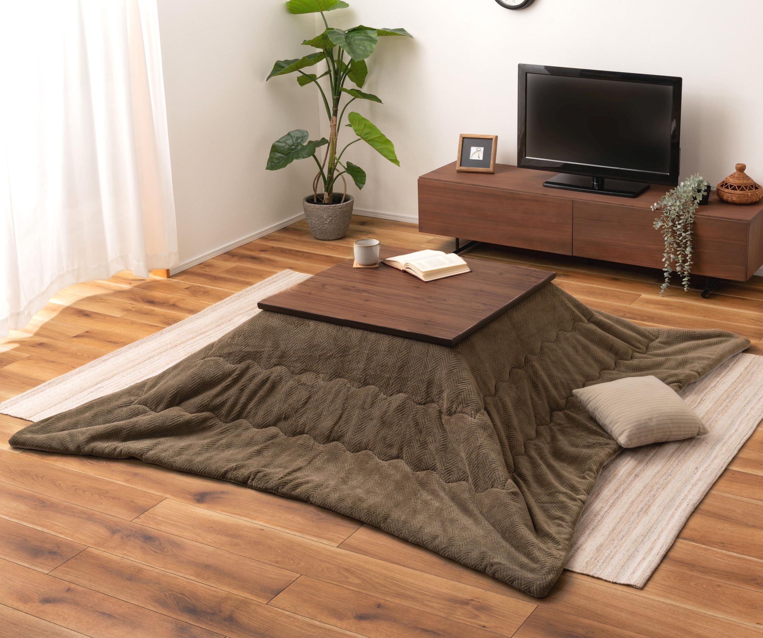 Palette Life Reversible Kotatsu Comforter - 78.7x78.7 Inch Square Warm Fluffy Futon For Japanese Heated Table (Herringbone Pattern, Khaki/Gray) - View #9