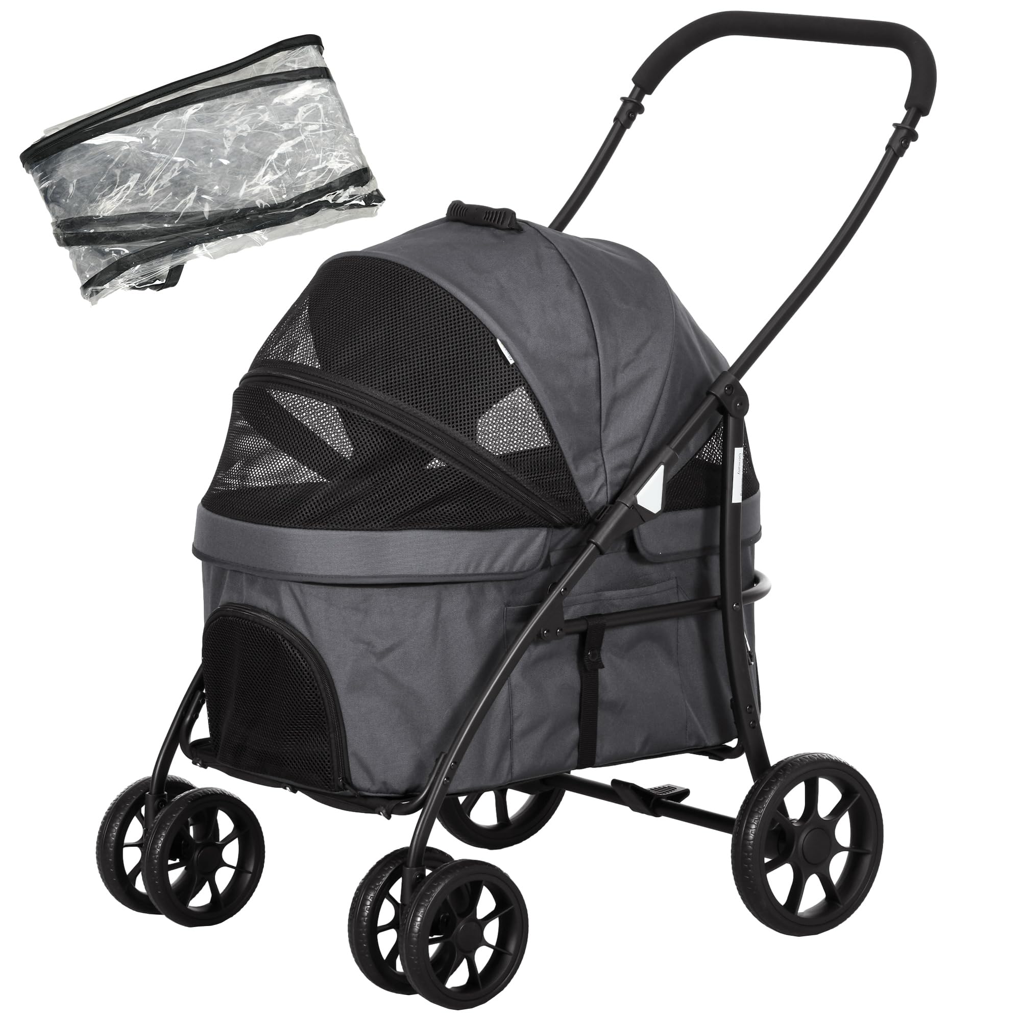 PawHut Cochecito para mascotas 2 en 1 con protección contra la lluvia, carrito plegable con 2 correas de seguridad, para perros pequeños y gatos, Oxford, gris oscuro