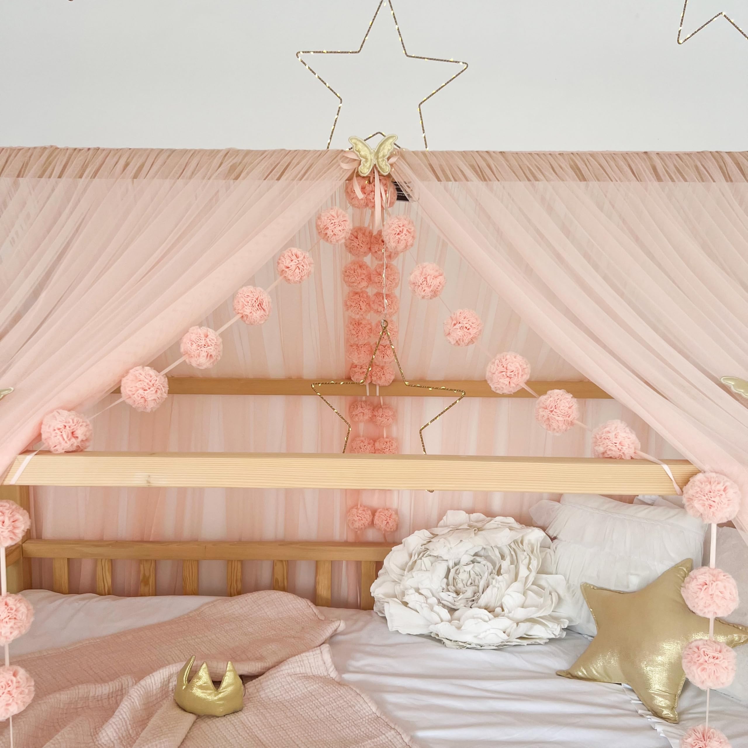Toldo de cama estilo princesa para niñas, decoración de habitación de niños para camas Montessori, regalo de tul suave para niños pequeños (SALMON, 400 cm, juego 2)