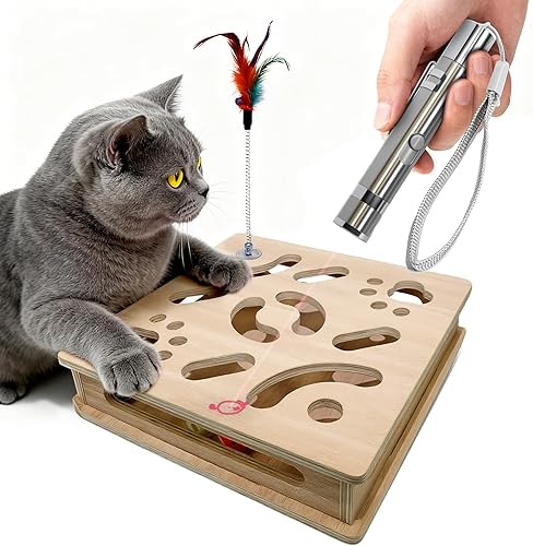CUTPLAN - Juego de juguetes para gatos, 1 caja de juguetes interactiva de madera para gatos, juguete de caza para interiores y un puntero láser