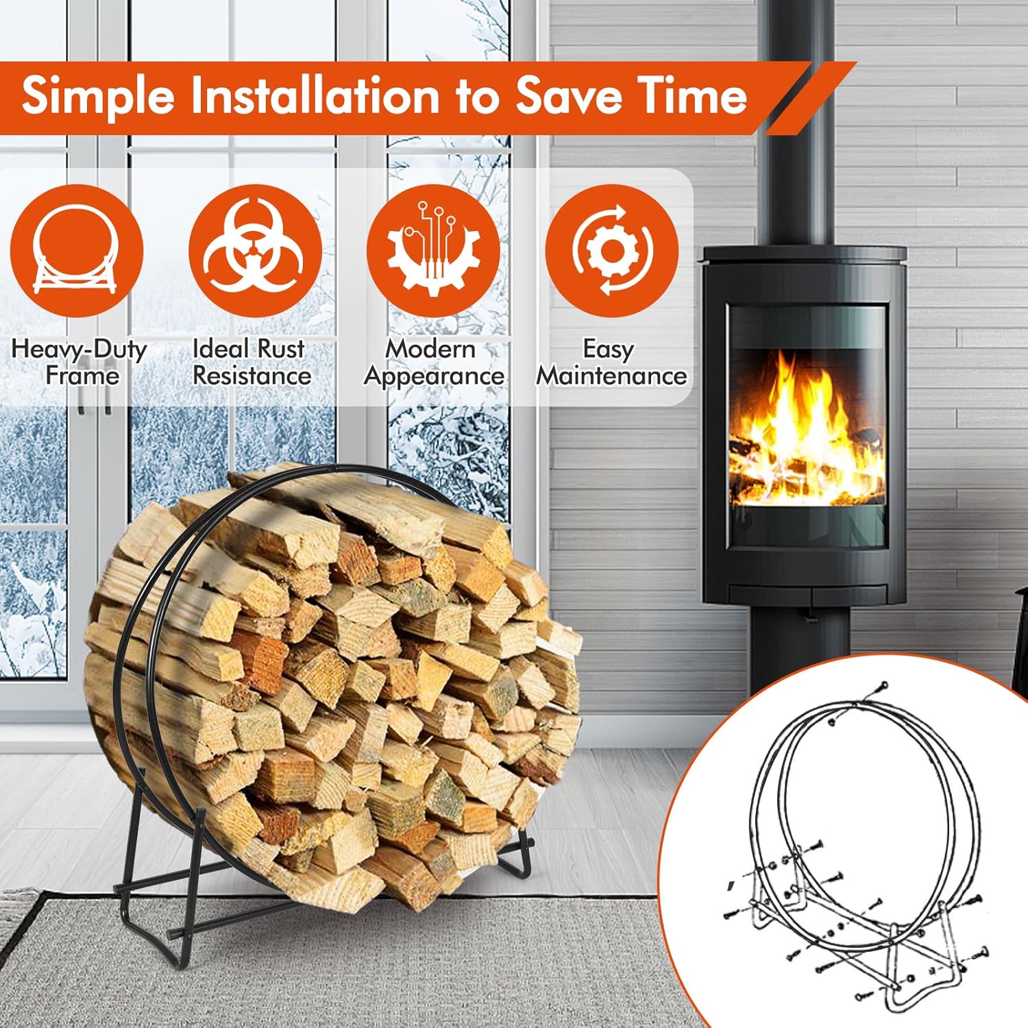 S AFSTAR 41 Inch Firewood Log Hoop, Round Tubular Metal Wood Storage Holder, Decorative Round Steel Log Rack, Heavy Duty Curved Firewood Rack for Indoor & Outdoor, 440 lbs Load Capacity