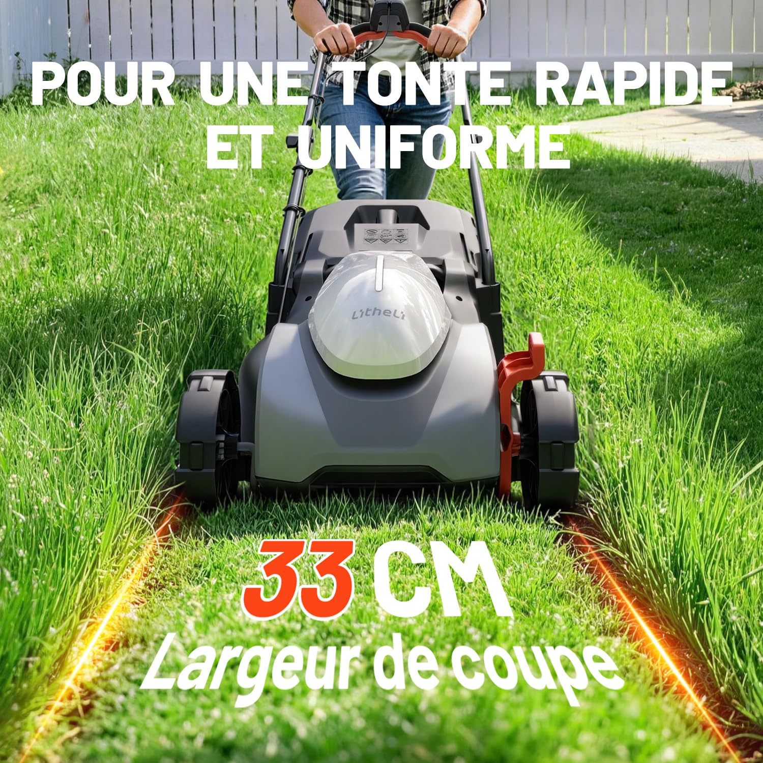 Litheli Tondeuse à Gazon sans Fil 20V 33 cm 5,0Ah Moteur Brushless Hauteur de Coupe Réglable 25–65 mm Bac 35 L