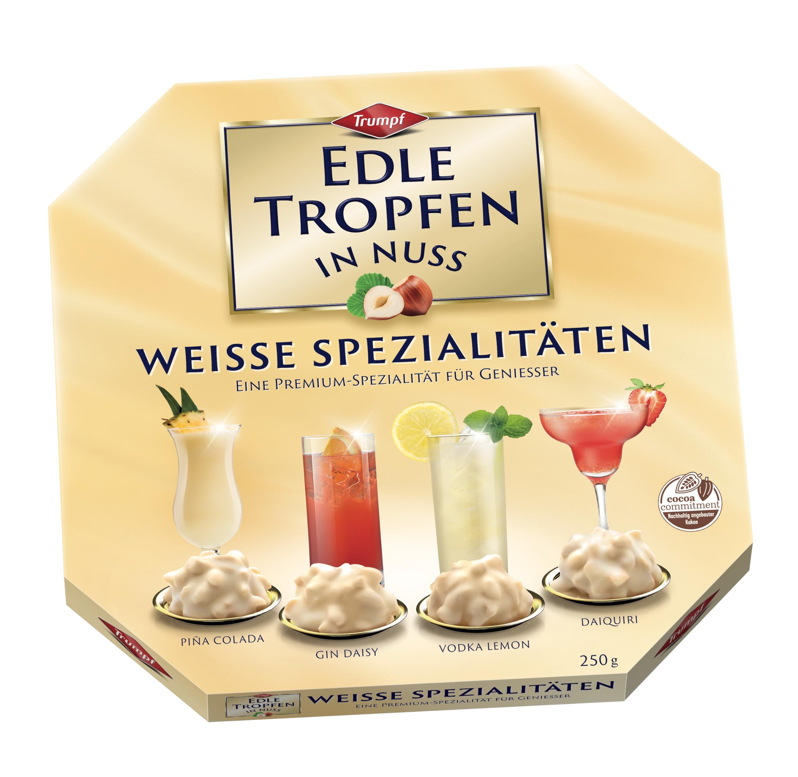Edle Tropfen in Nuss Weiße Spezialitäten 250g, flüssig gefüllte Schokoladenpralinen mit Milchschokoladen-Überzug und knackigen Haselnuss-Splittern