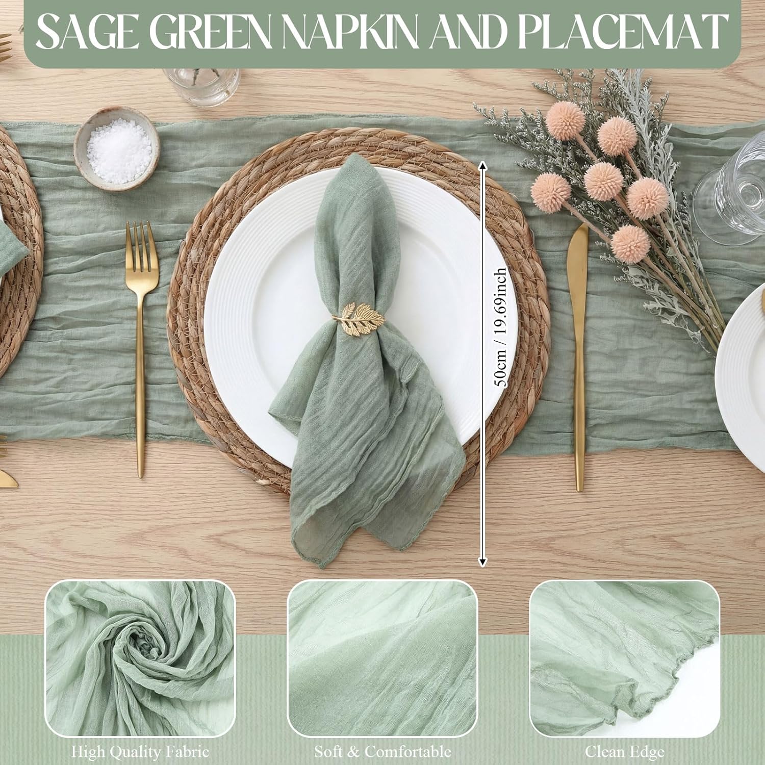 Breling 14 Sets Boho Sage Green Table Decor Set, 120 inch 10FT Cheesecloth Table Runner, 20"x20" Gauze Napkins Bulk, Grass Woven Placemats for Dining, Kitchen, Wedding, Party Farmhouse Decor