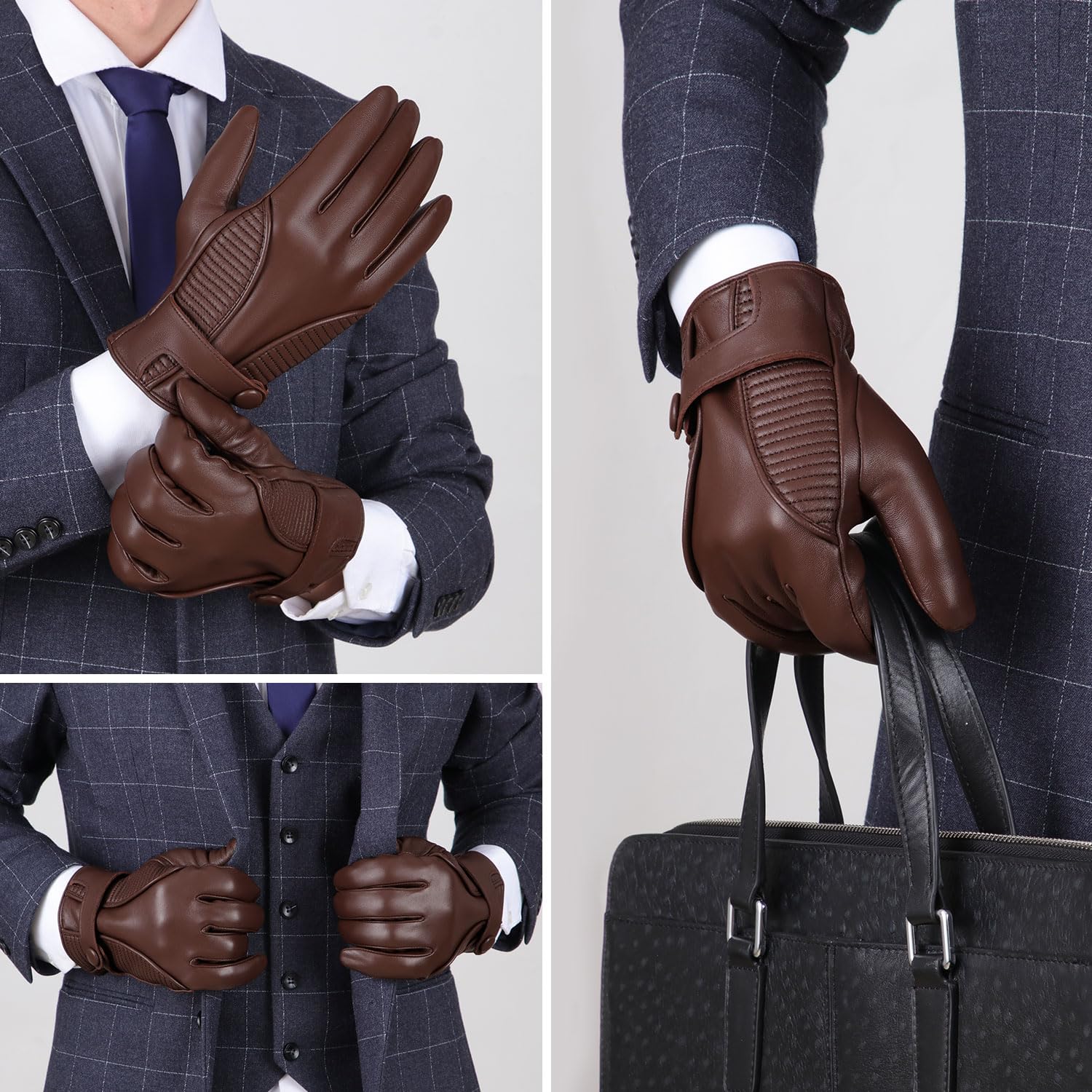GSG SINCE 1998 Guantes Piel Hombre y Cuero – Piel de Oveja Sin Cromo, Compatibles con Pantalla Táctil, Guantes de Invierno para Conducir con Forro de Cachemira Marrón Oscuro M