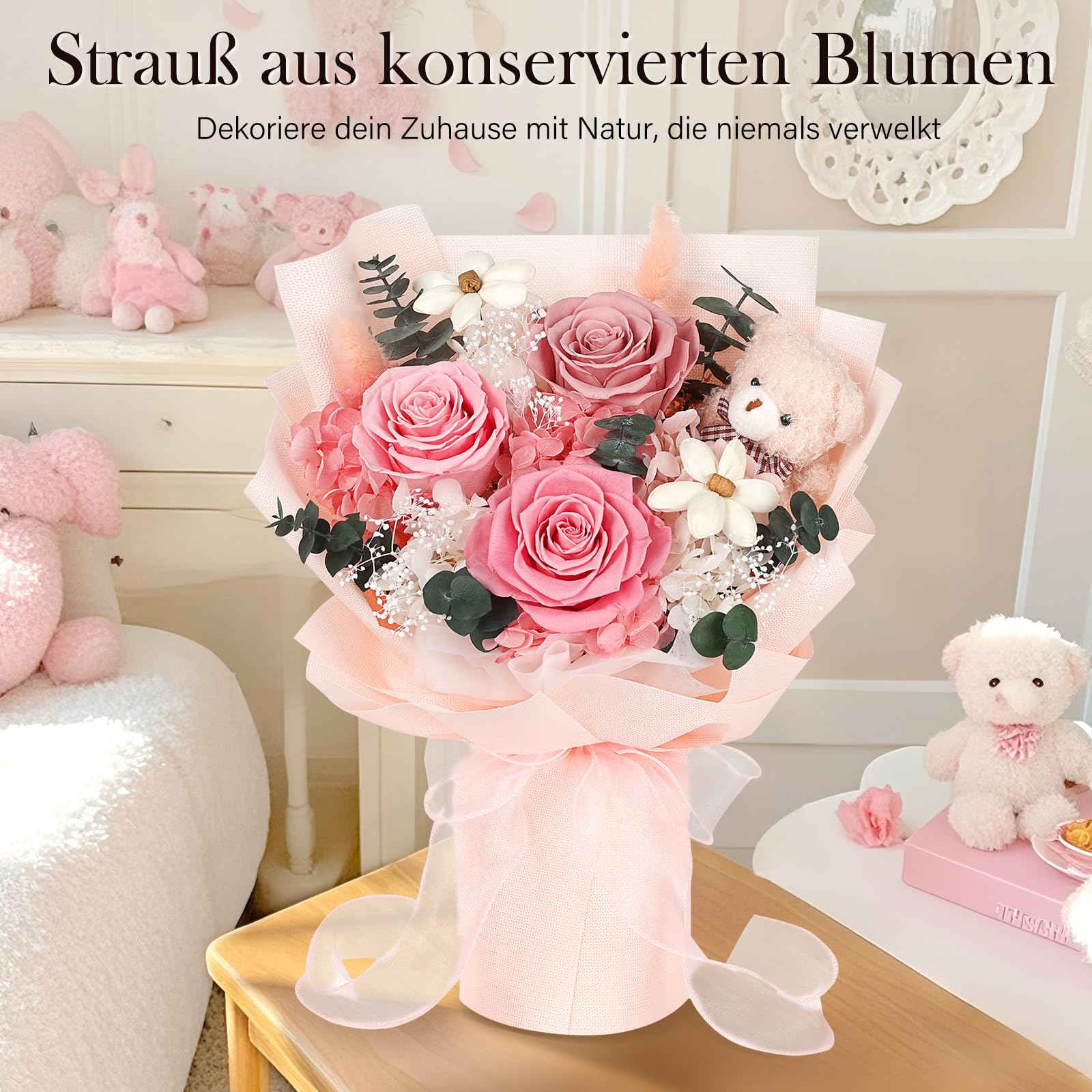 Konservierter Blumenstrauß mit Bär, 3 Infinity Rosen, rosa Rosenstrauß, Geschenke für Frauen, Valentinstag, Muttertag, Jahrestag und Geburtstagsgeschenk für Freundin, Mädchen, Mama
