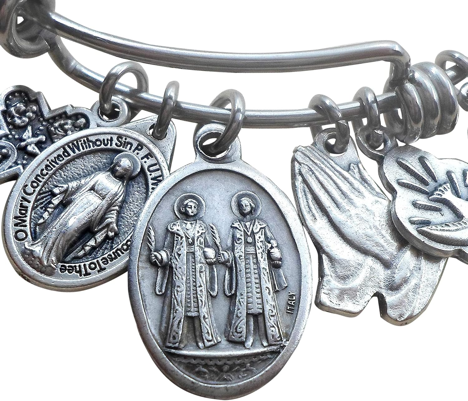 Patron Saints of Doctors and Surgeons, St. Cosmas, St. Damian, Bangle Bracelet, Italian Charm Jewelry, Confirmation Gift, Extra Small to Large
