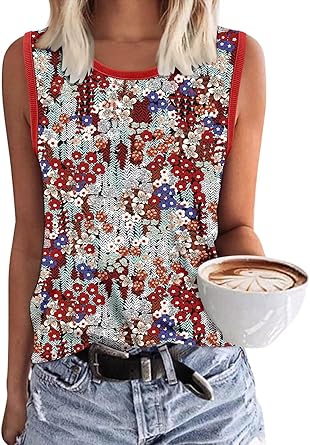 KISSMODA Womens Flora Print Tank Tops Ribbed Summer Shirt Sleeveless Summer Casual Women Blouses(S-3XL)