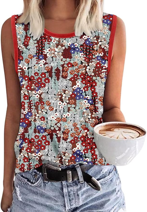 KISSMODA Womens Flora Print Tank Tops Ribbed Summer Shirt Sleeveless Summer Casual Women Blouses(S-3XL)