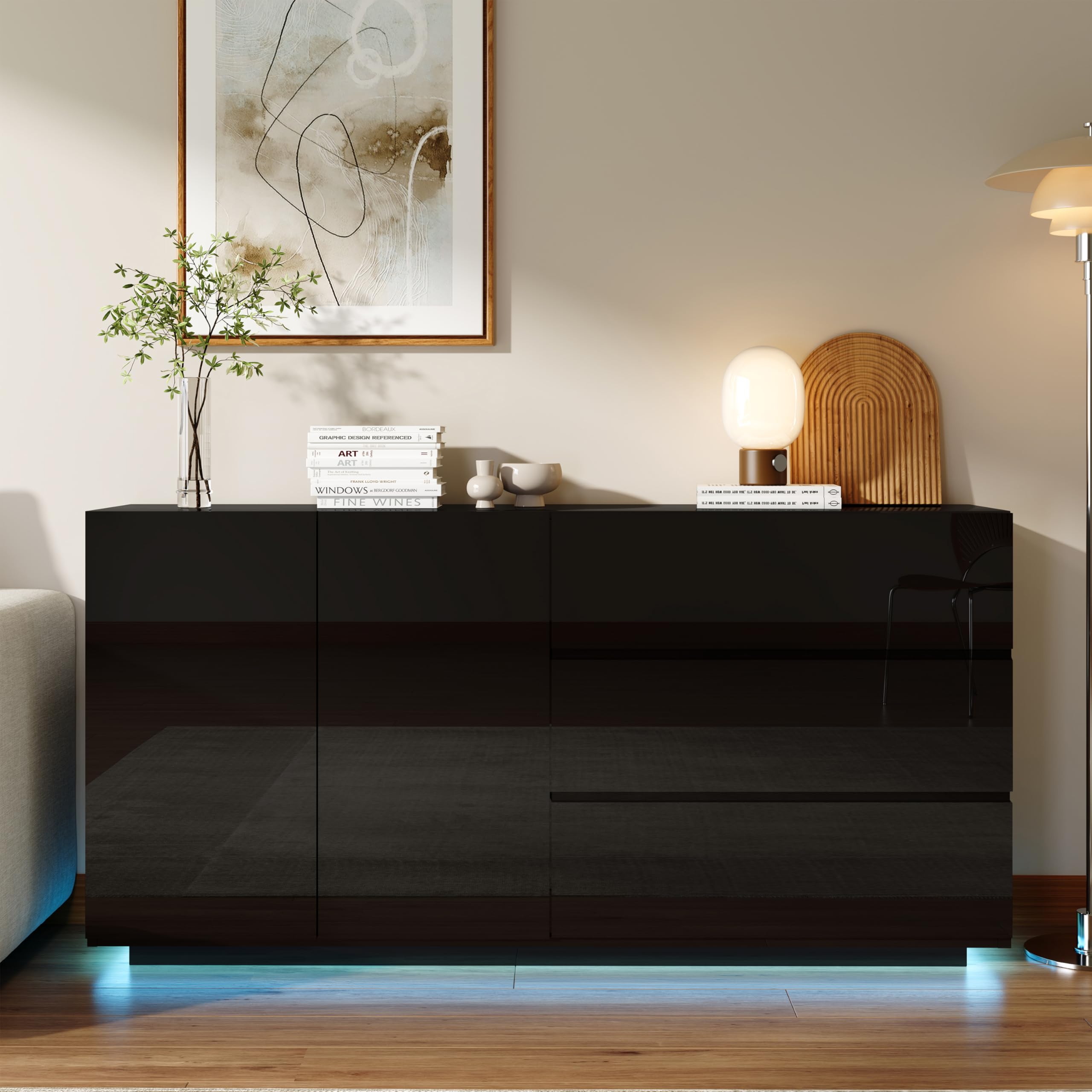 Madia Soggiorno Moderna con Luce LED, Credenza Soggiorno con 2 Ante 3 Cassetti, Credenza Cucina 160cm, Mobile Cucina Dispensa, per cucina corridoio soggiorno ingresso, 160x35x76 cm (Nero-05)