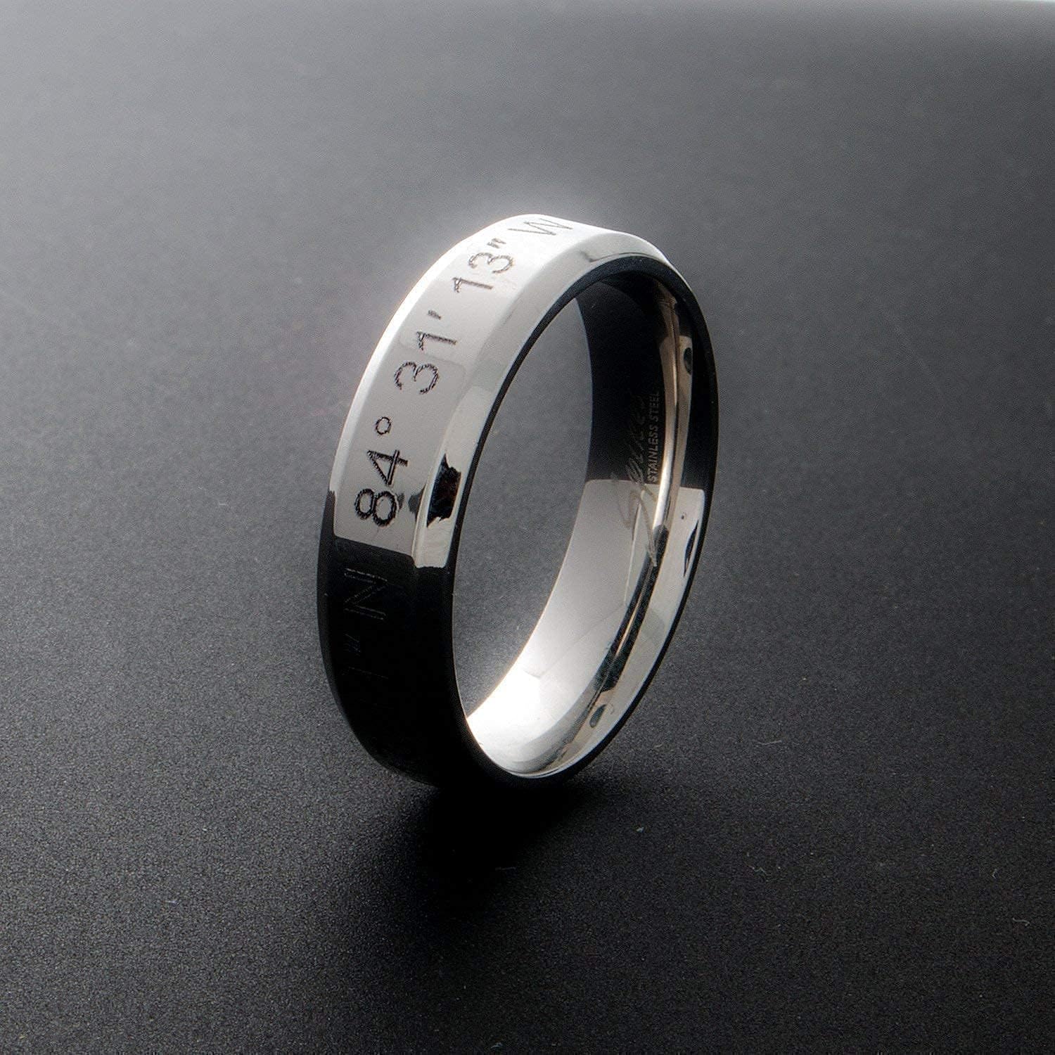 Petite Boutique Personalized Coordinate Ring Custom Engraved Location Ring Stainless Steel Flat Band Beveled Edge Silver Gold Rose Gold Meaningful Gift for Mom Anniversary Birthday