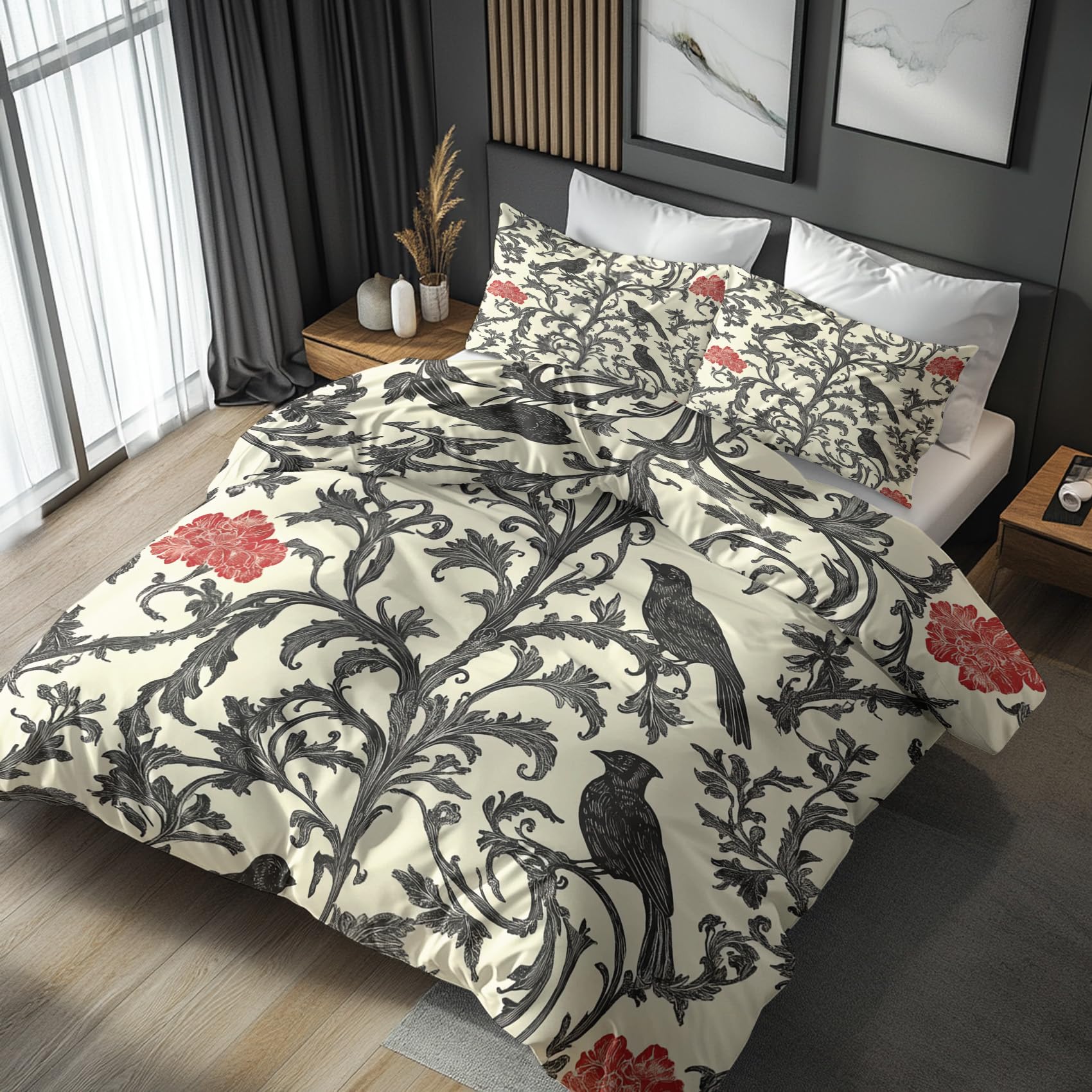 Nogawa Multicolor Morris Style Double Duvet Set - Flower Bird Bedding Set - Reversible Quilt Cover & 2 Pillowcases With Zip And Ties, Ultra Soft And Non Iron Brushed Microfibre Bed Set 200 X 200
