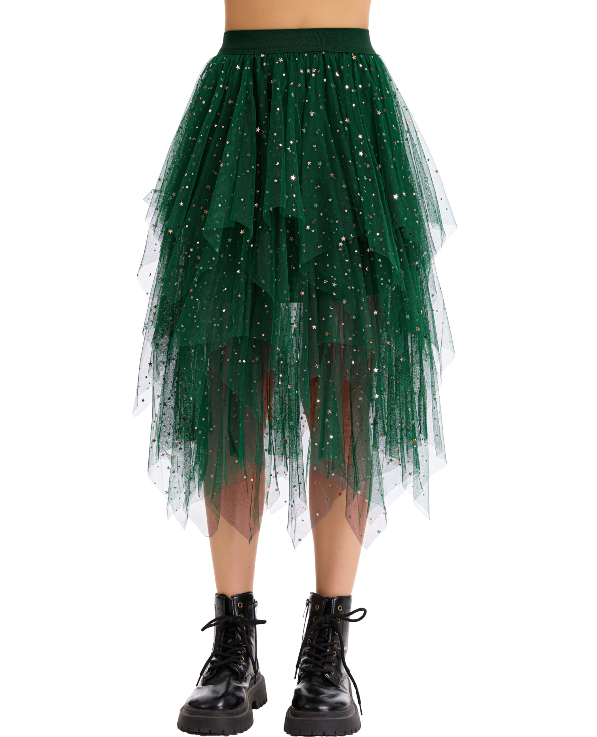 Lovasy Pailletten Rock Damen Tüllrock Schwarz Knielang High Low Layered Faltenrock Midi Rock A-Linie Unregelmäßiger Puffy Fee Tutu Röcke