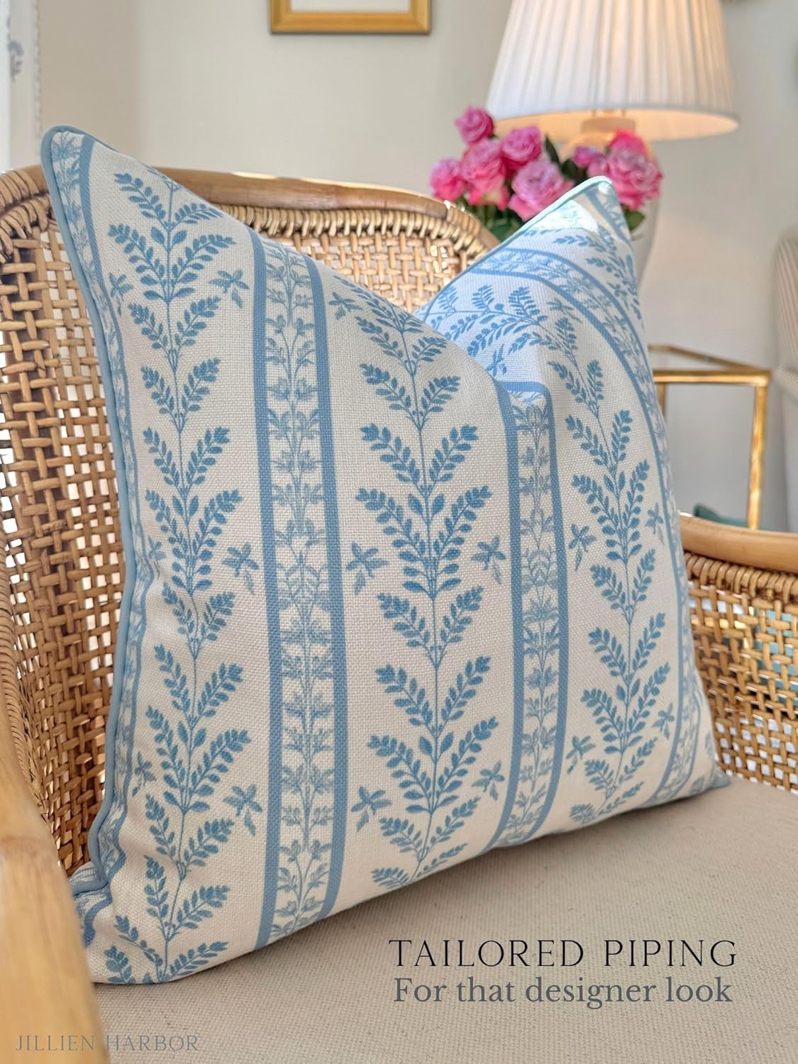 “The Louis” Blue Floral Block Print Pillow Cover – Decorative Throw Pillow Cover with Off-White Background – Grandmillennial Home Decor, 20" x 20"
