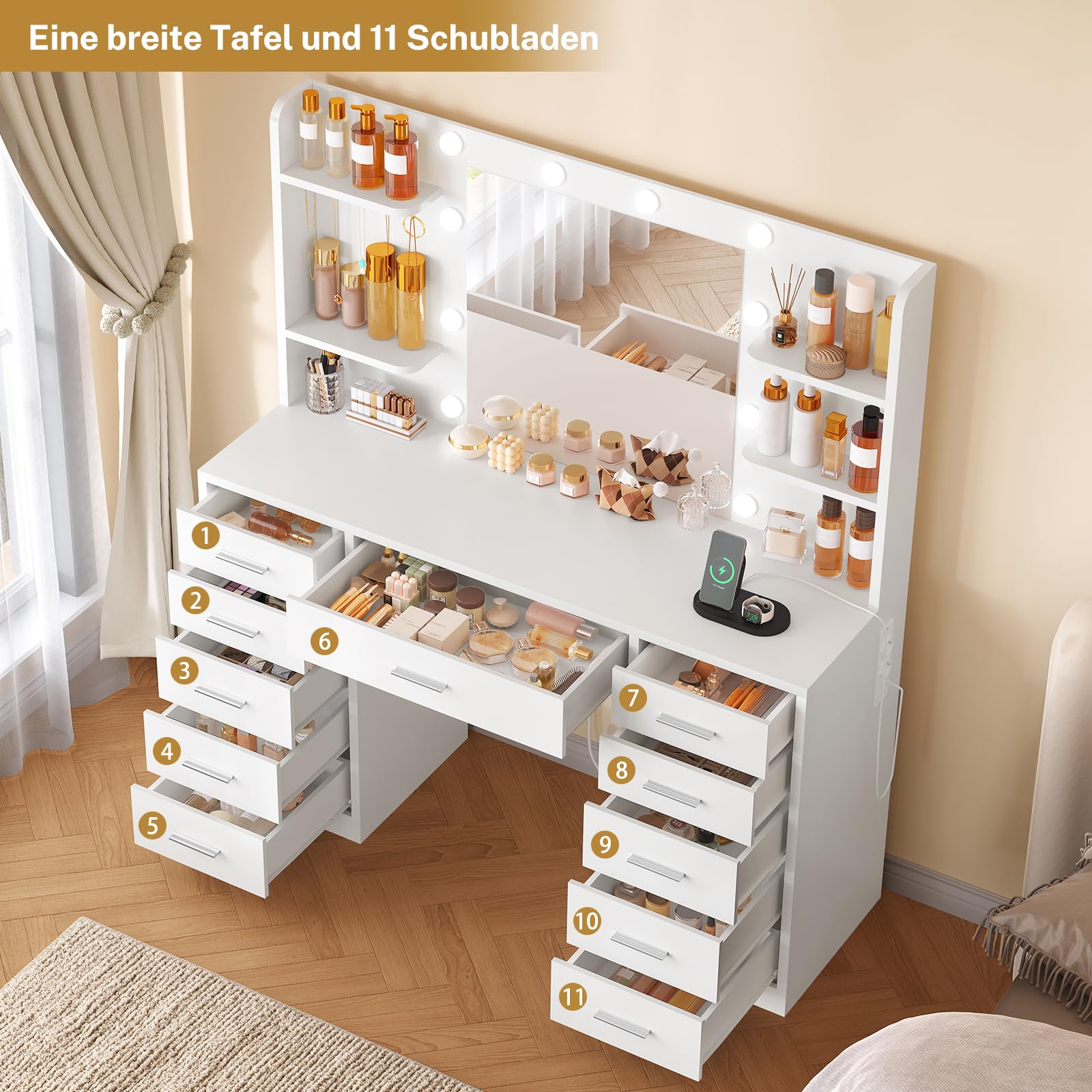 Grande Toeletta, Toeletta da Trucco con Specchio e Luce LED, 3 Colori Regolabili, Postazione Trucco con 11 Cassetti, 4 Ripiani e 5 Ganci, Cassettiera Moderna, Bian