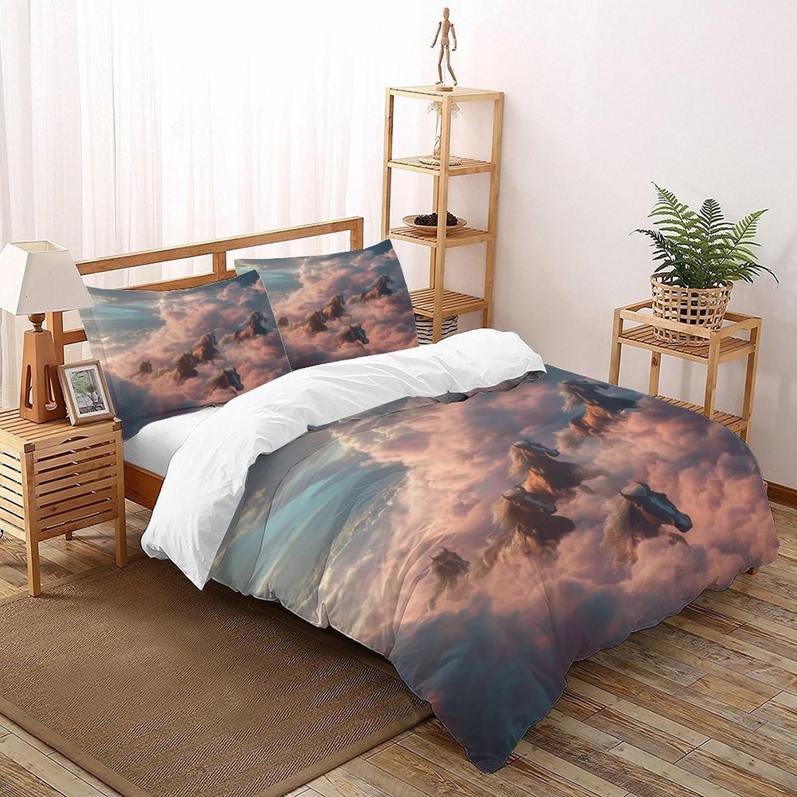 Housse de couette chevaux nuages grand lit enfant parure literie anti froid