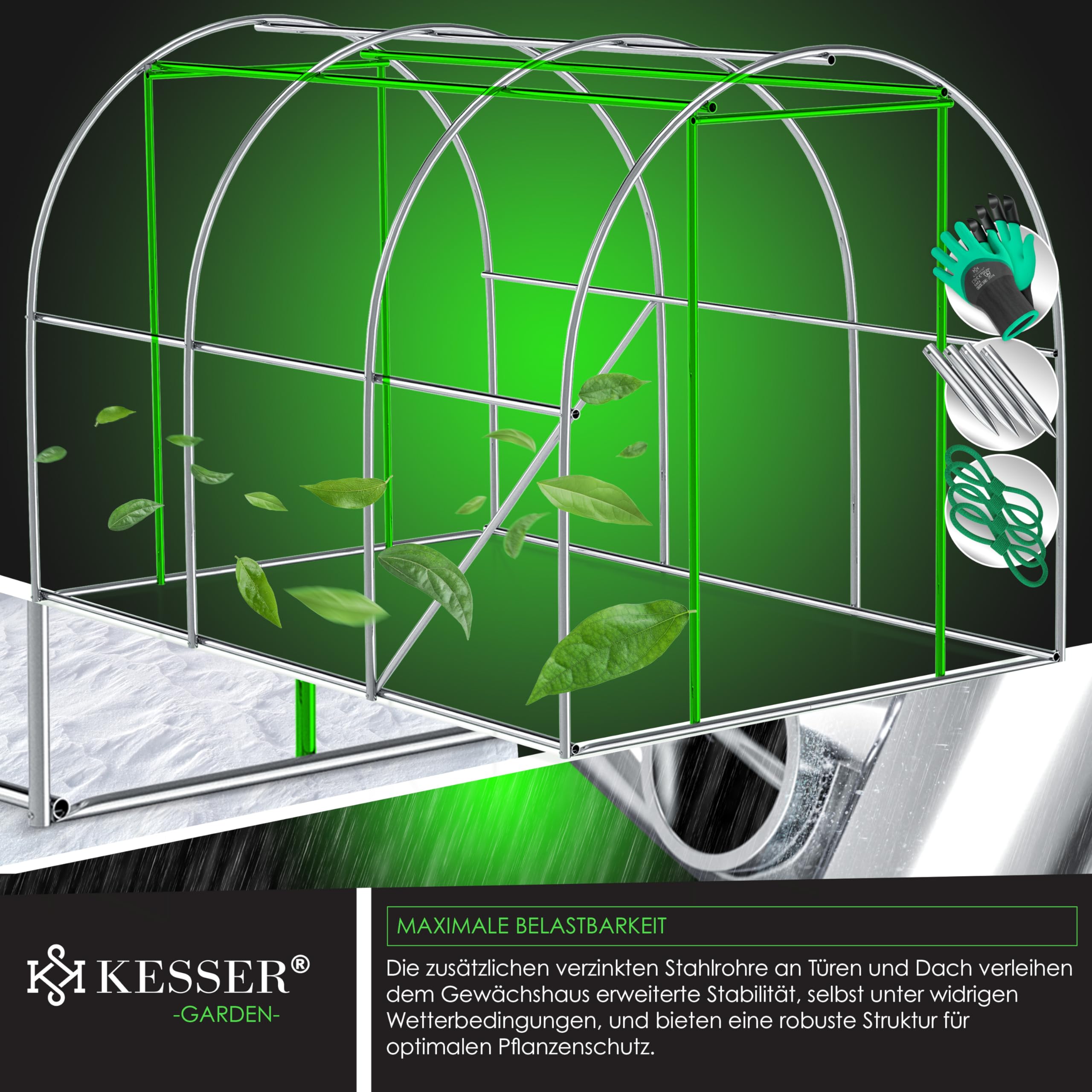KESSER® Folien-Gewächshaus Stabil mit 6 Fenster mit Moskitonetz & Tür | Gartentunnel mit Rahmen aus verzinktem Stahl | Folientunnel 170g/m² inkl. Erdanker Handschuhen & Seilen | 200x300cm Grün