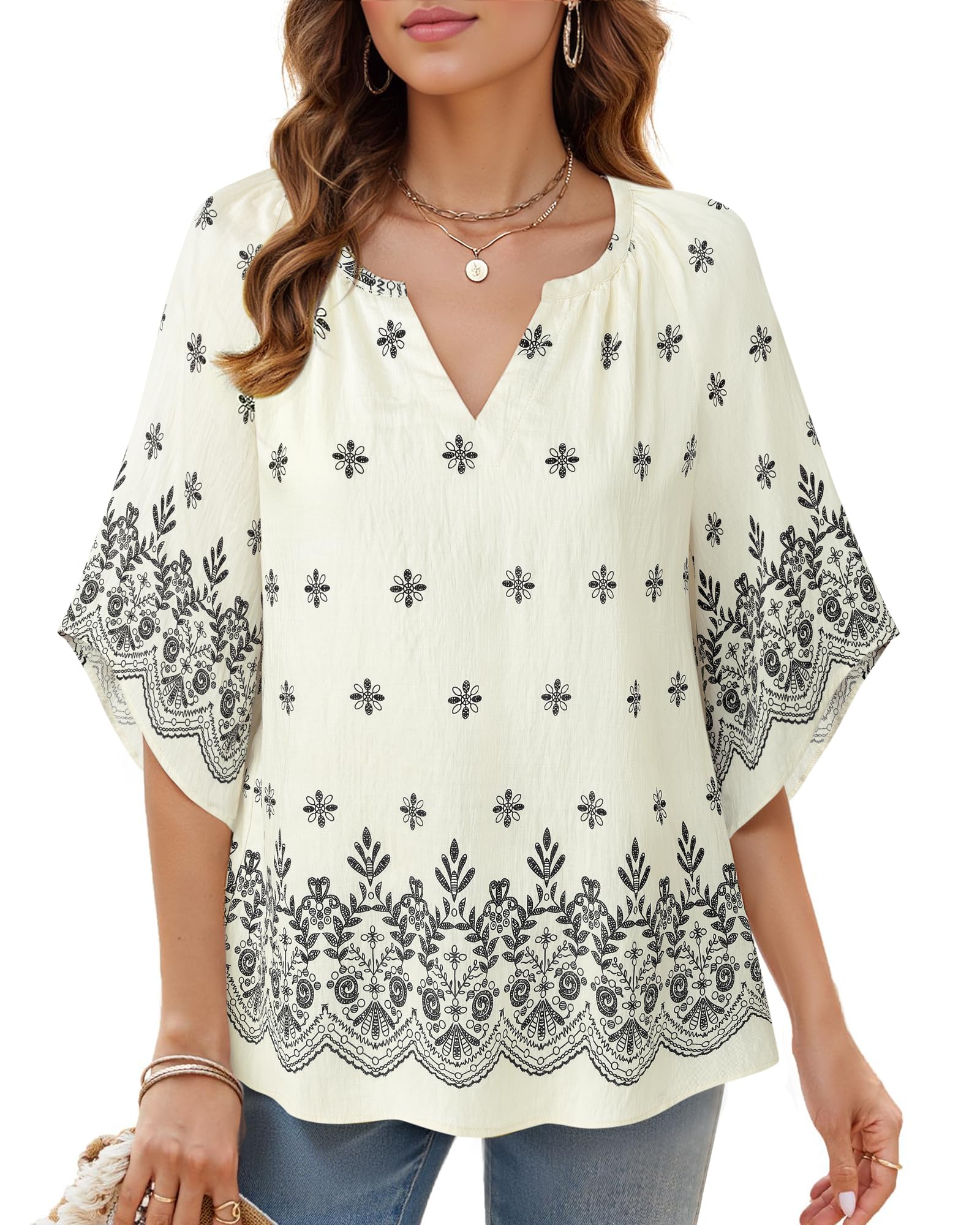 Bebonnie Womens 3/4 Sleeve V Neck Bohemian Peasant Blouses Casual Loose Fit Tunic Tops