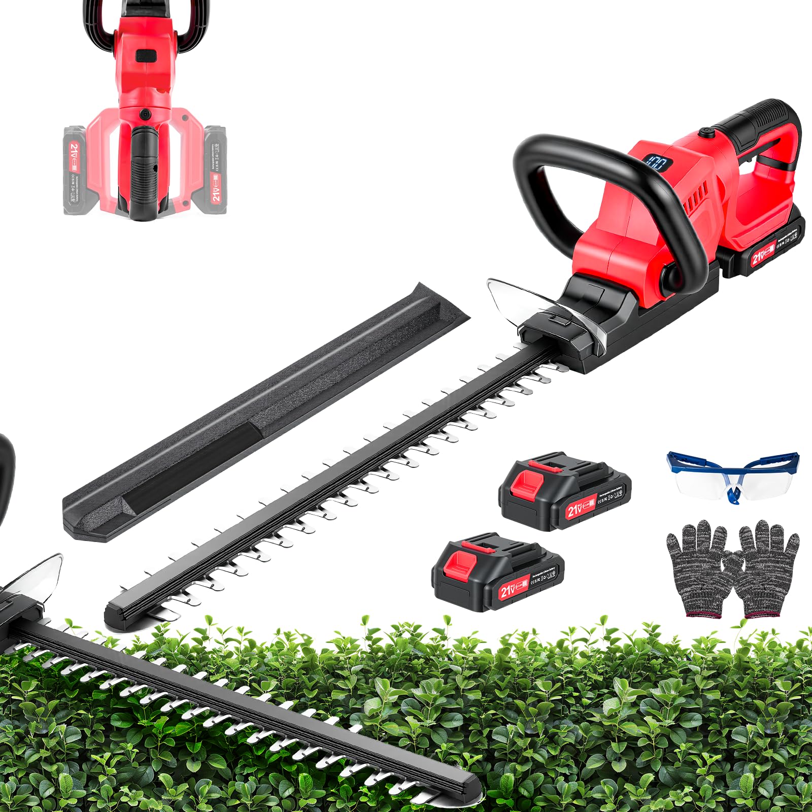 Cordless Hedge Trimmer 21v, Battery Hedge Trimmer Cordless Hedge Cutter with 2 * 3000mAh, 52cm Dual Action Blade, 180° Rotatable Handle, Lightweight Handheld Hedge Trimmer for Shrubs, Garden Plants