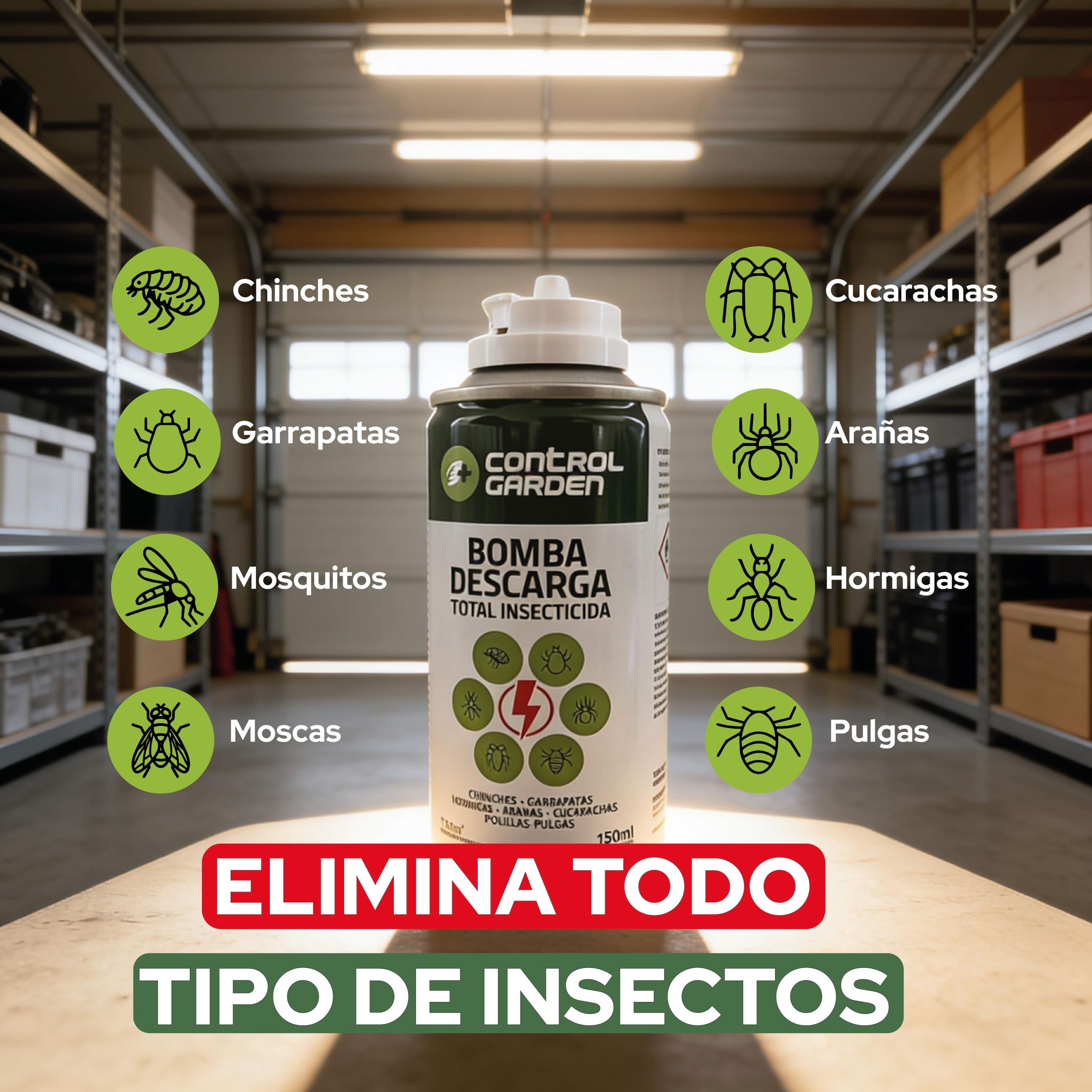 CONTROL GARDEN Pack 12 Insecticida Descarga Total 150 ML Interior y Exterior | Repelente Anti Insectos: Chinches, Ácaros, Hormigas, Arañas... | Fungicida Larvicida Ovicida Bomba de Humo Espacio 120 m2