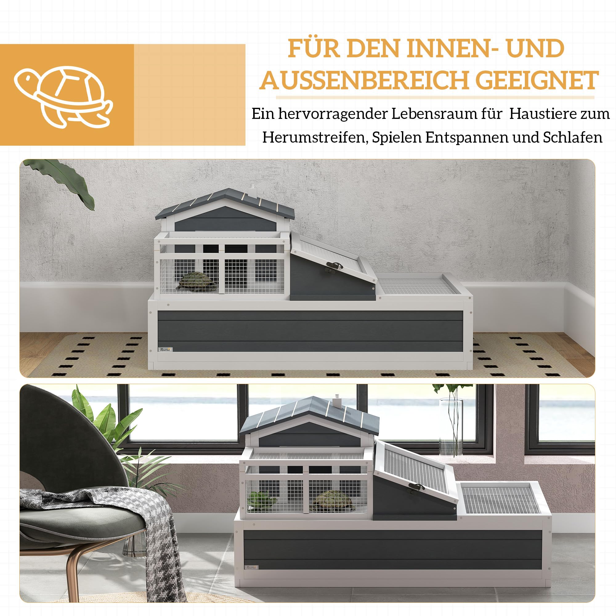PawHut Casetta per tartarughe in legno con 2 livelli, case principali, balcone, gabbia per rettili da esterno con tetto apribile, terrario per tartarughe, rettili, grigio