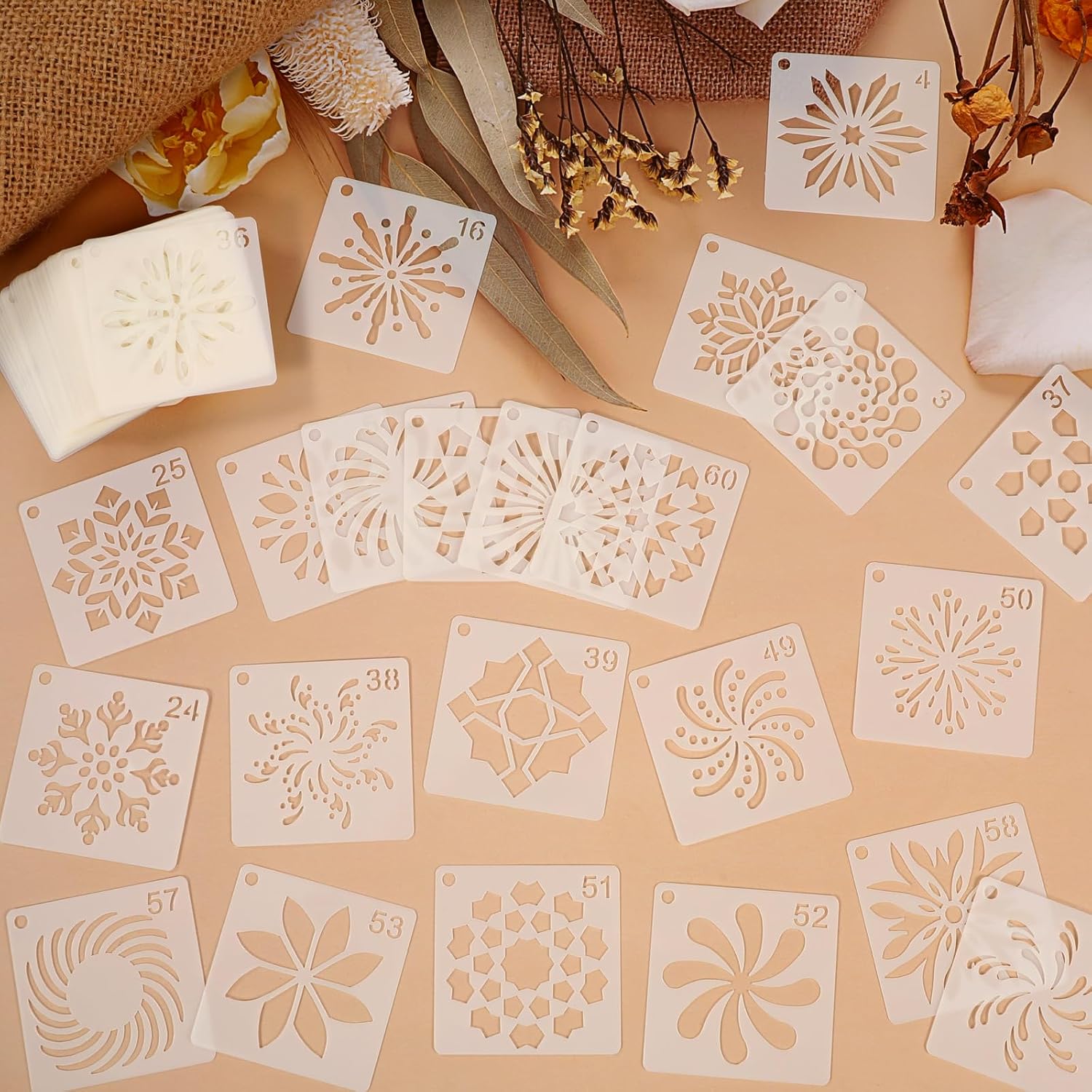 MWOOT 60 Pcs Mandala Stencils for Crafts Reusable, Small Floral Design Templates for Painting on Wood, Stone, Canvas, and Walls, Reusable Talavera Stencils for DIY Crafts and Scrapbooking (5x5 CM)