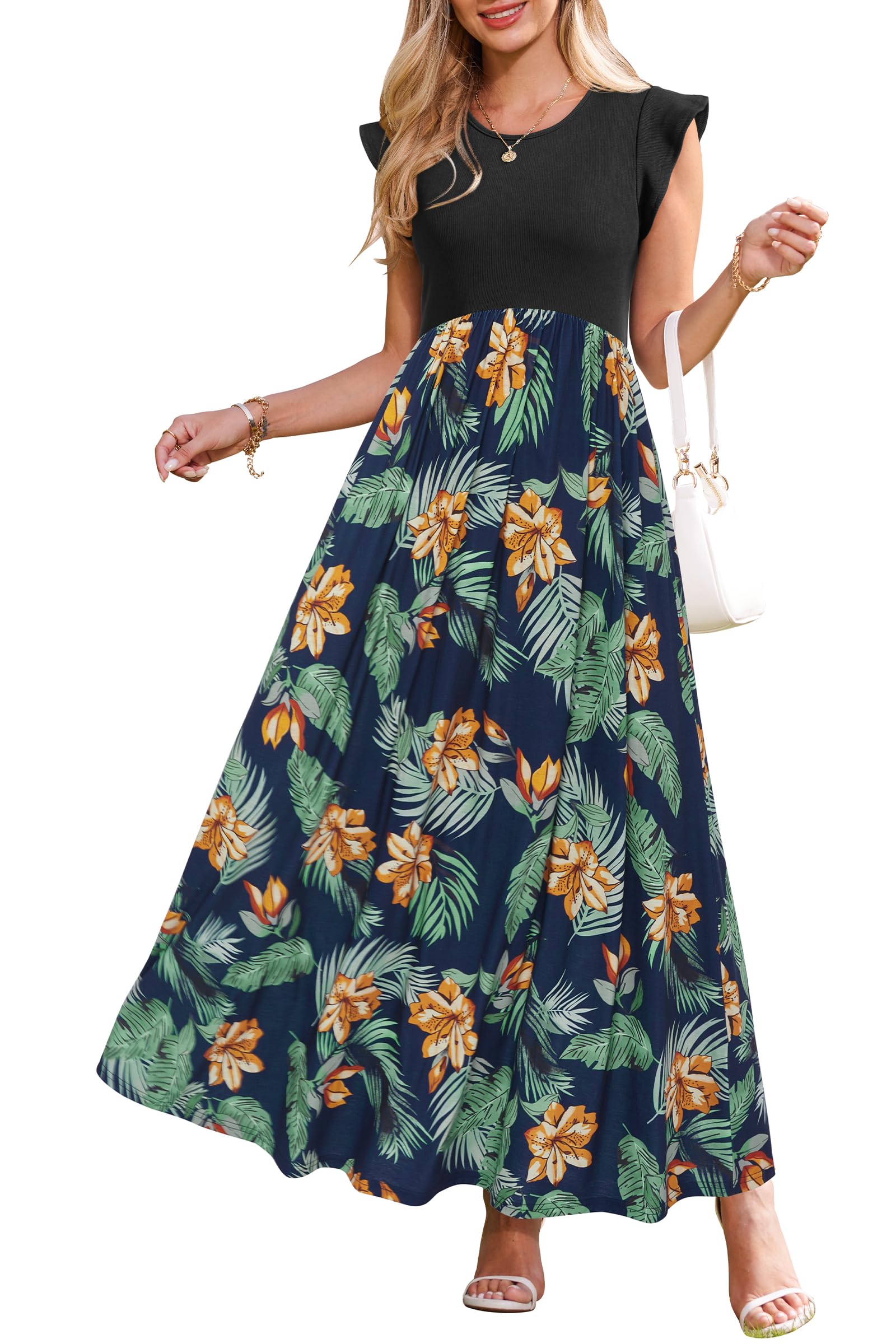 OUGES Women 2026 Spring Summer Maternity Dresses Sleeveless Ribbed Casual Outfits Maxi Nursing Dress with Pockets — view 17
