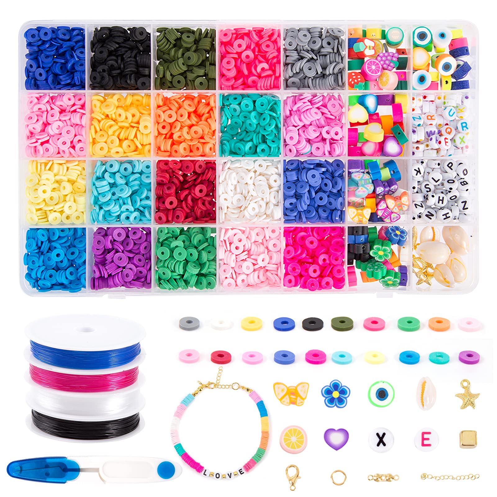 PP OPOUNT 4494 PCS Clay Flat Beads, 20 Colors 6 mm Clay Spacer Beads with 5 Styles Assorted Polymer Beads, Letter Beads, Gold Accessories, Elastic Strings for Jewelry Making Bracelets Necklace