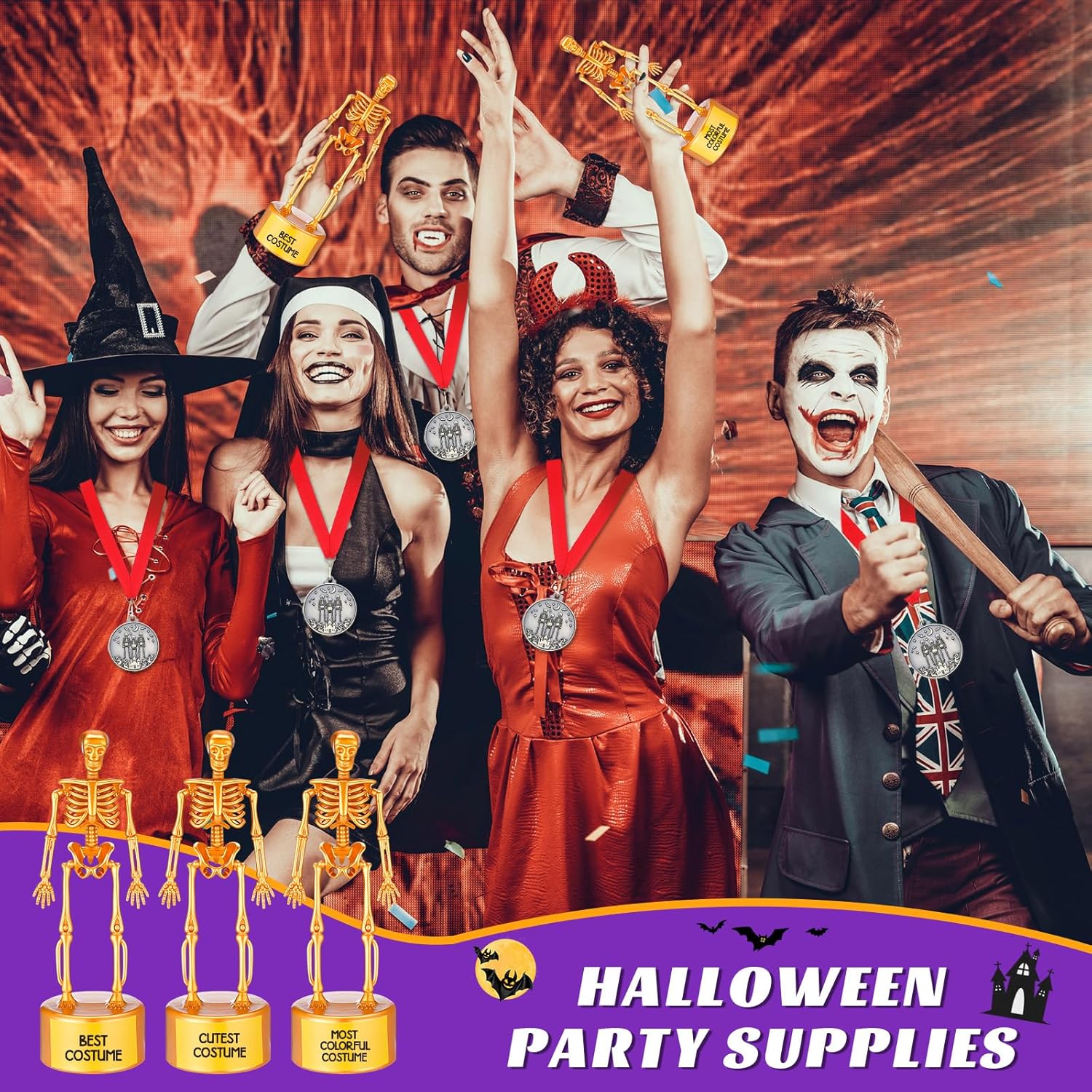 MorningRo 6 Kit Halloween Best Costume Skeleton Trophy with Medals, Halloween Skull Party Favor Prizes for Party Supplies Game Awards, Classroom Costume Contest Event, Trophy 6.69 x 2.36 Inches