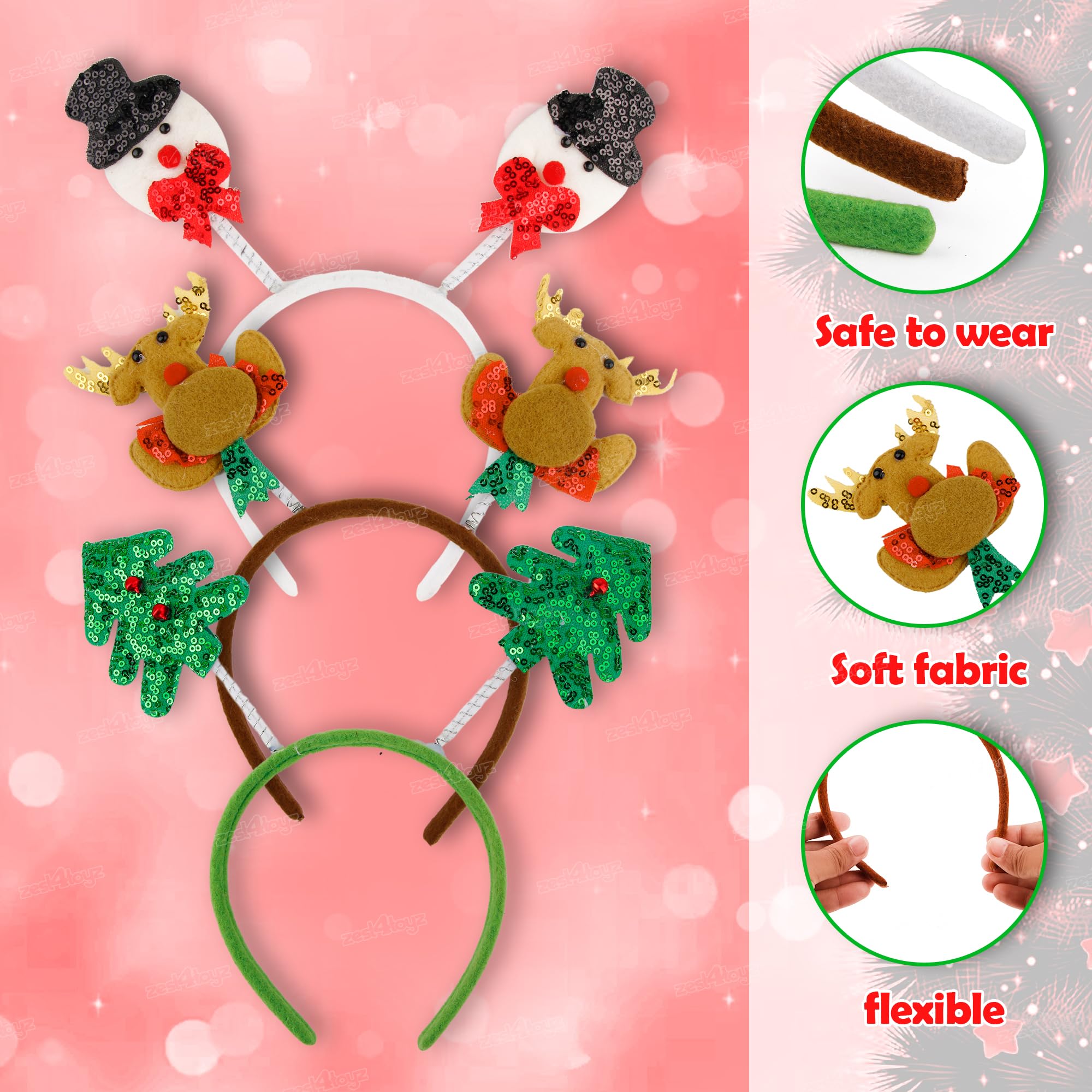 Zest 4 Toyz Christmas Headband Set with Cute Reindeer Snowman and Tree Designs β Festive Holiday Headwear for Kids & Adults (Pack of 6) - Assorted 2