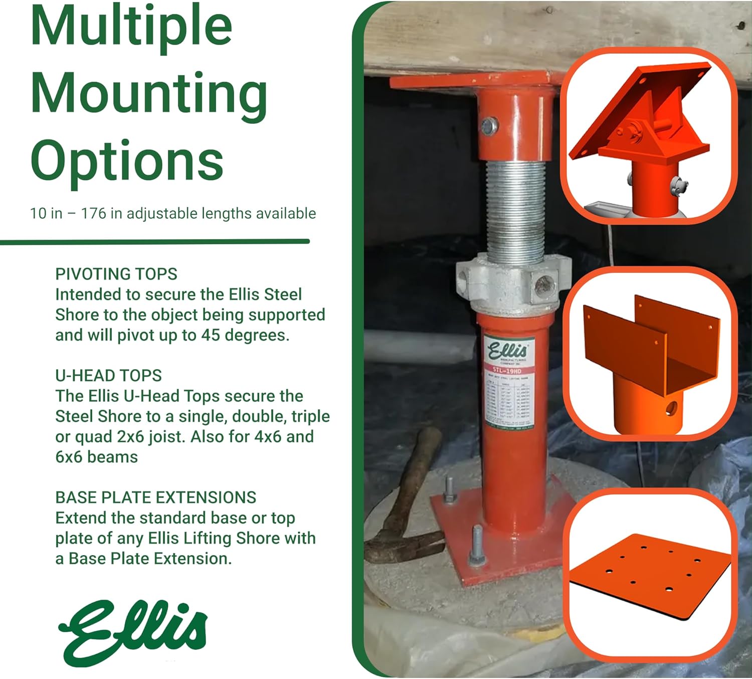ELLIS Heavy-Duty Adjustable Steel Shore – Structural Support for Floor Leveling, Beams, and Concrete Reinforcement – 48,000 lb Safe Load Capacity – 19"-32" Adjustment