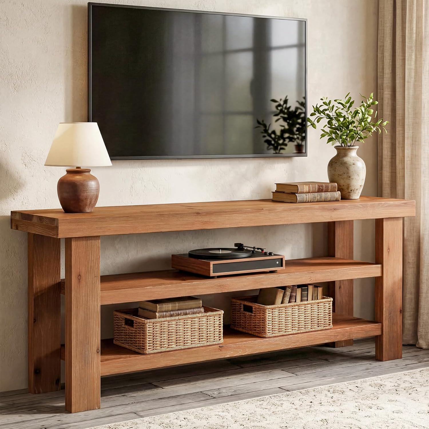 Solid Wood TV Stand for 55/60/65/75 Inch TVs, 63" Rustic Farmhouse Media Console with 2-Tier Open Storage Shelves, Heavy Duty Entertainment Center for Living Room, Bedroom, Natural