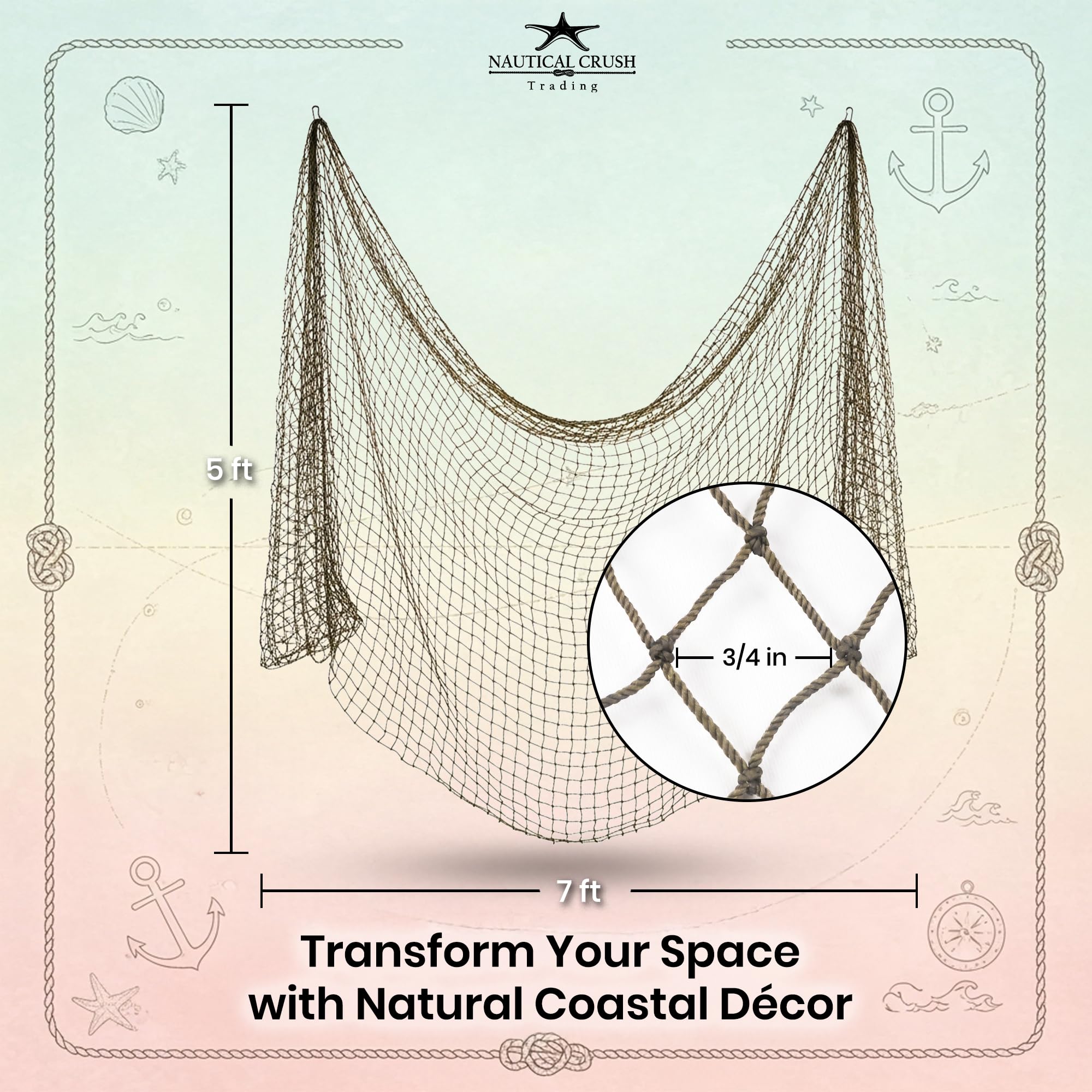 Fishing Net Decor – Real Repurposed 5x7ft Fishing Net for Wall, Beach Party & Nautical Decorations – Authentic Fish Netting for Pirate & Mermaid Themes – Indoor Outdoor Coastal Home Décor