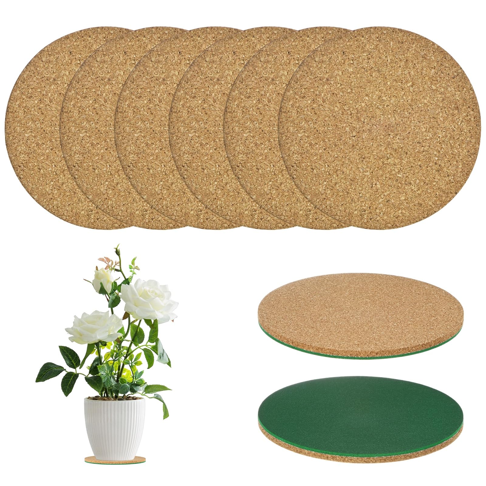 M METERXITY 3-Pack Cork Plant Coasters, 4 Inch Double Layers Hard Thick Cork Planter Coaster for Garden/Patio/Office/Kitchen/Courtyard/Indoor Outdoor/DIY Craft Project [Green, Wood Tone]