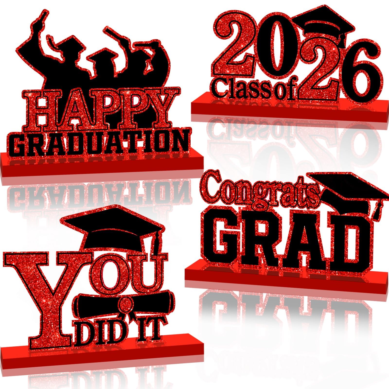 4Pcs Black and Red Graduation Decorations Class of 2026 Centerpieces Wooden Table Centerpieces Grad Table Toppers Congratulate Tiered Tray Decor for 2026 Graduation Decorations