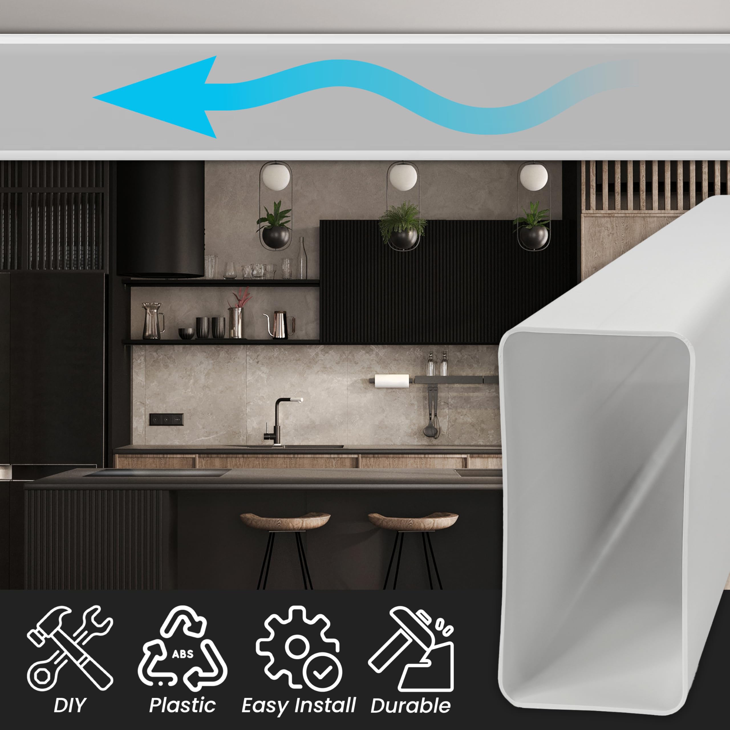 Repa Market 220 x 90 mm Canal plano rectangular de plástico 50 cm de largo, Conexión: sistema de ventilación, calefacción, refrigeración. Elemento de ventilación para espacios limitados.