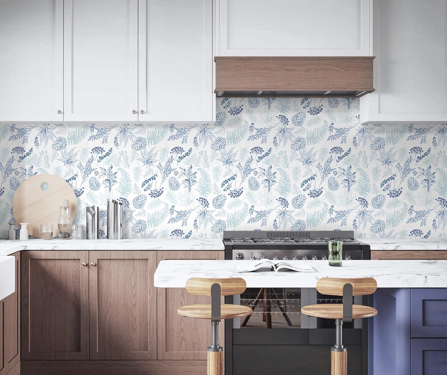 White and Blue Leaf Floral Wallpaper Peel and Stick Countertop Contact Paper for Bedroom Kitchen Cabinet Drawers Self-Adhesive Removable Renter Friendly Waterproof Boho Style 17.3"x137"