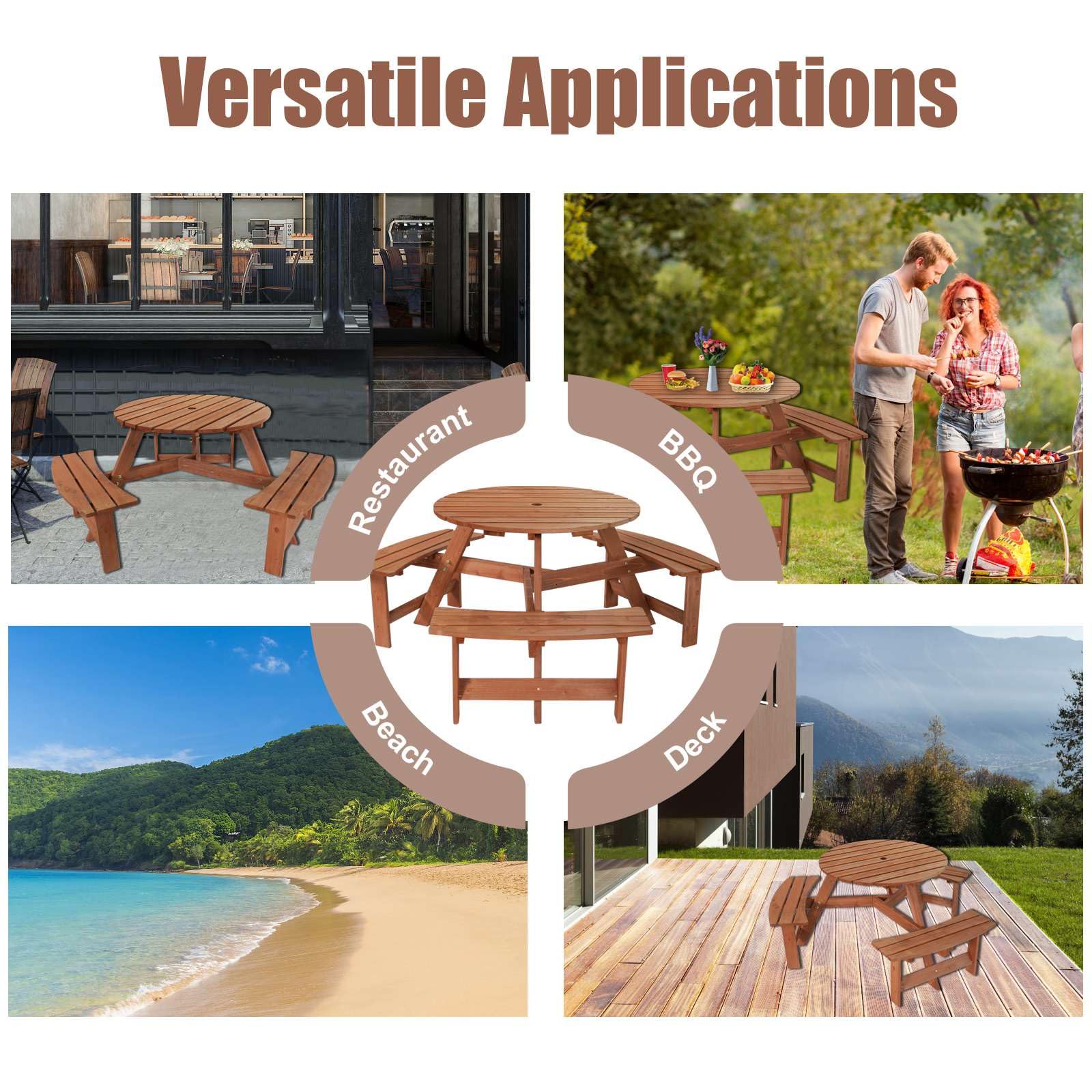 BIRCHTREE Outdoor Wooden Picnic BBQ Round Table Bench Garden Patio Deck Pub Chair 6 Seats Garden Patio Home Park Furniture Fir Wood Brown New - Image 3
